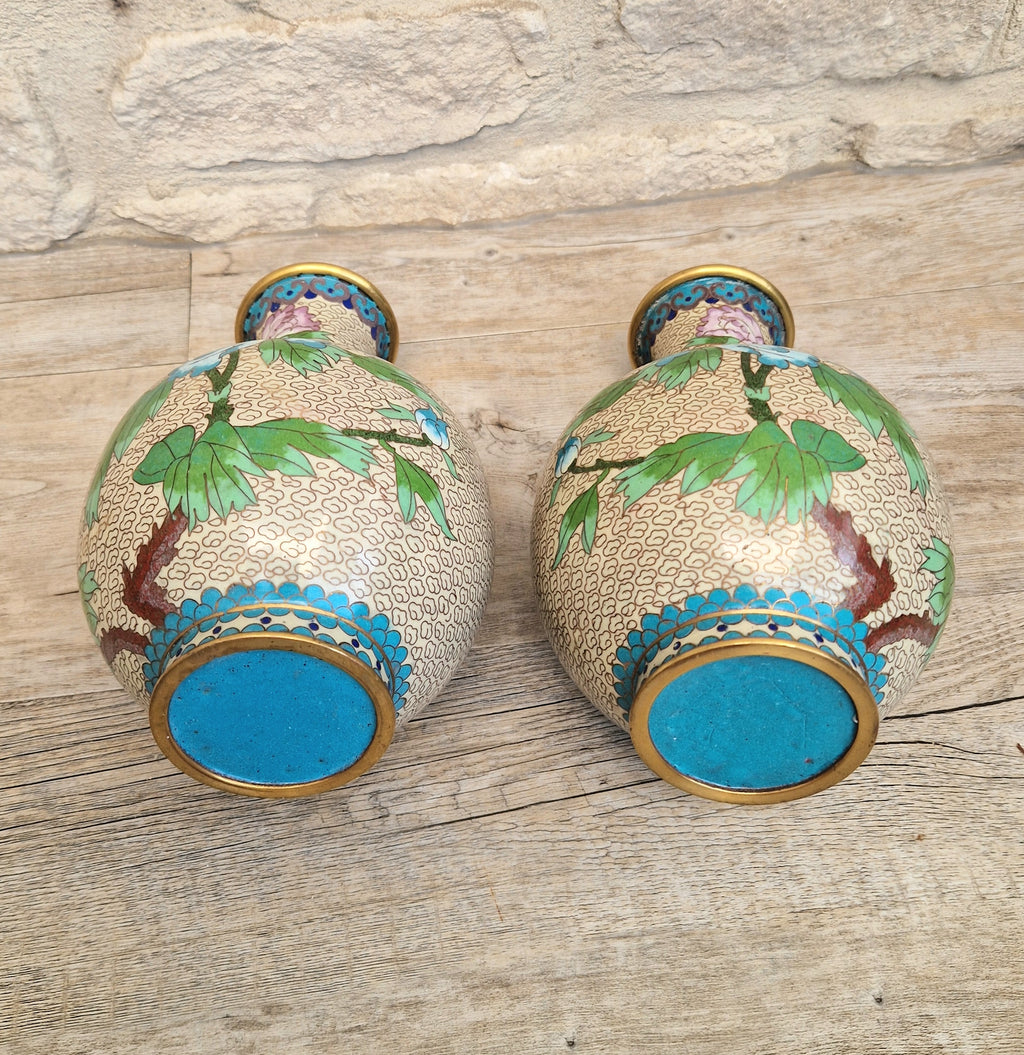Pair Of Large Cloisonne Mirror Matched Peony Vases Mid 20th Century Exemplary Condition 23cm