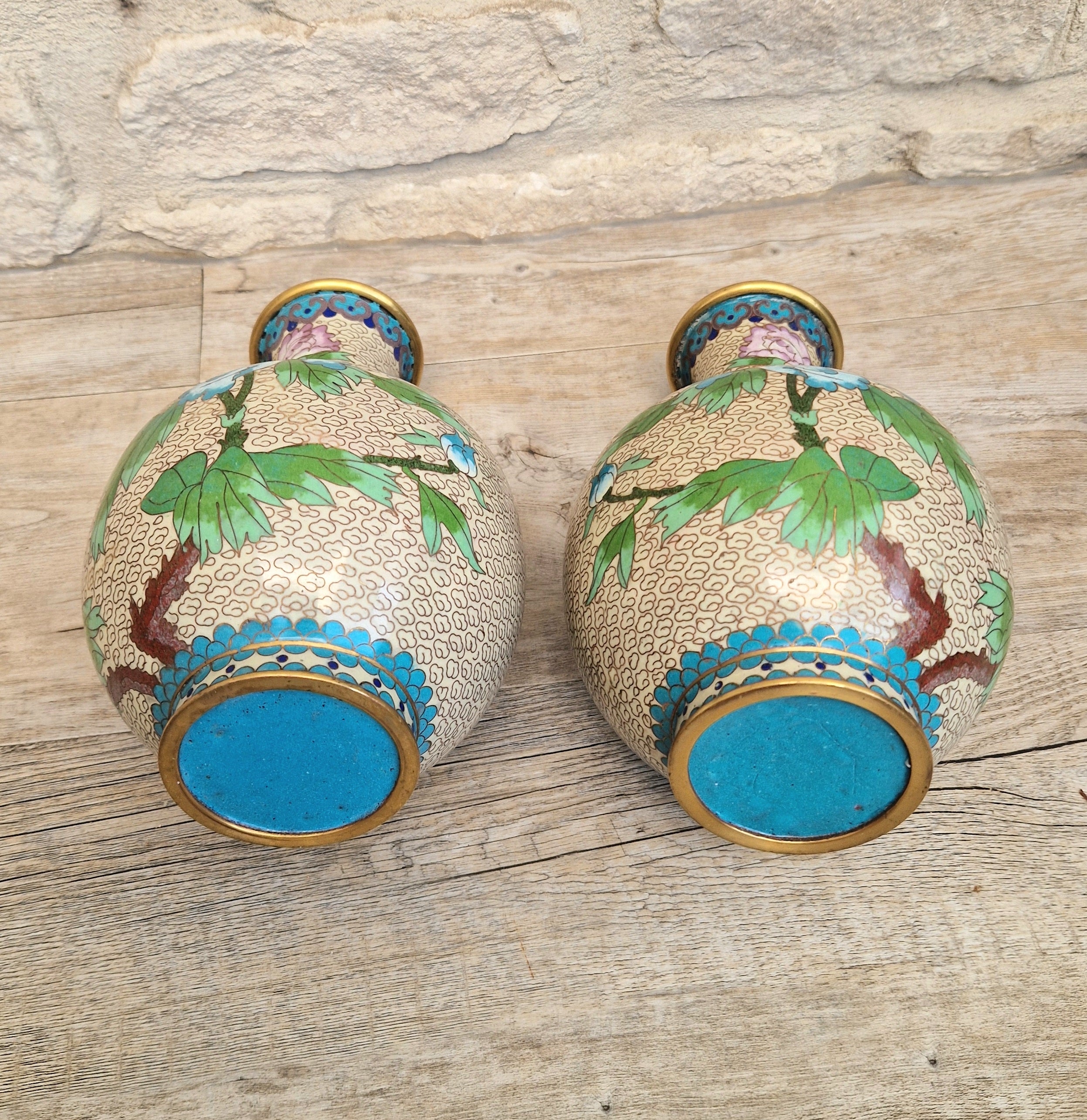 Pair Of Large Cloisonne Mirror Matched Peony Vases Mid 20th Century Exemplary Condition 23cm