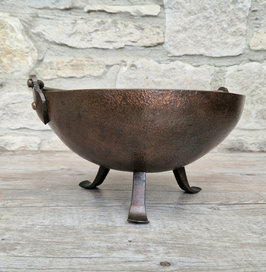 Antique Arts & Crafts Hand Beaten Solid Copper Brass Handled Tri-Foot Planter Bowl c.1890-1900's