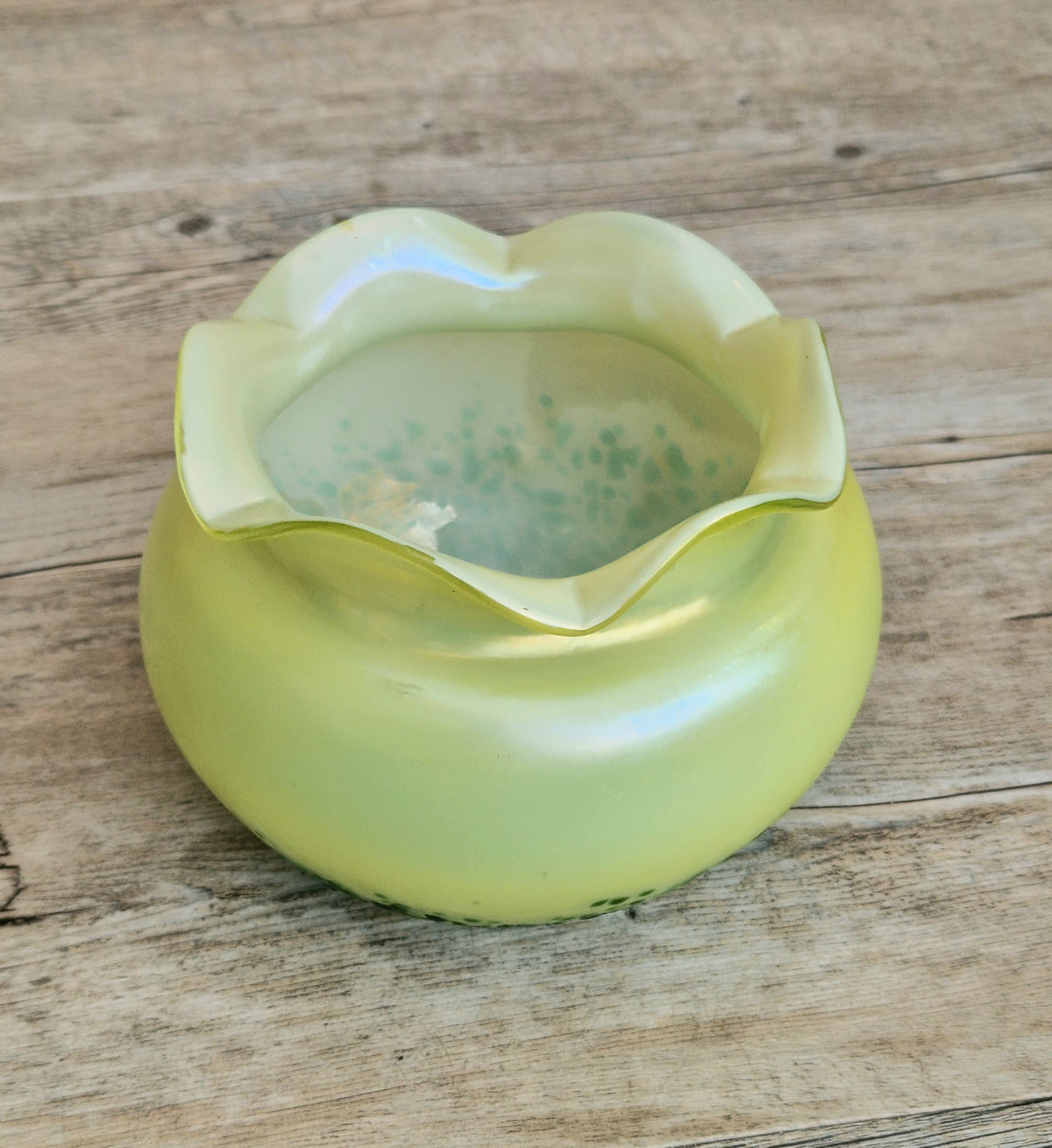 Antique Late 19th Century Bohemian Art Glass Vase, Loetz-Heckert Tradition, Iridescent Yellow Green, Rare Cabinet Vase