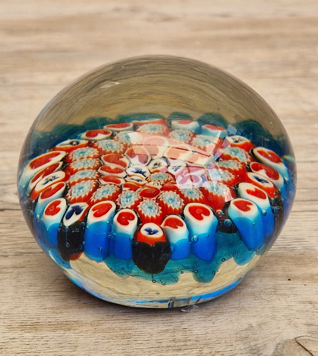 Vintage Murano Red and Blue Glass Hearts & Clubs Millifiore Round Paperweight