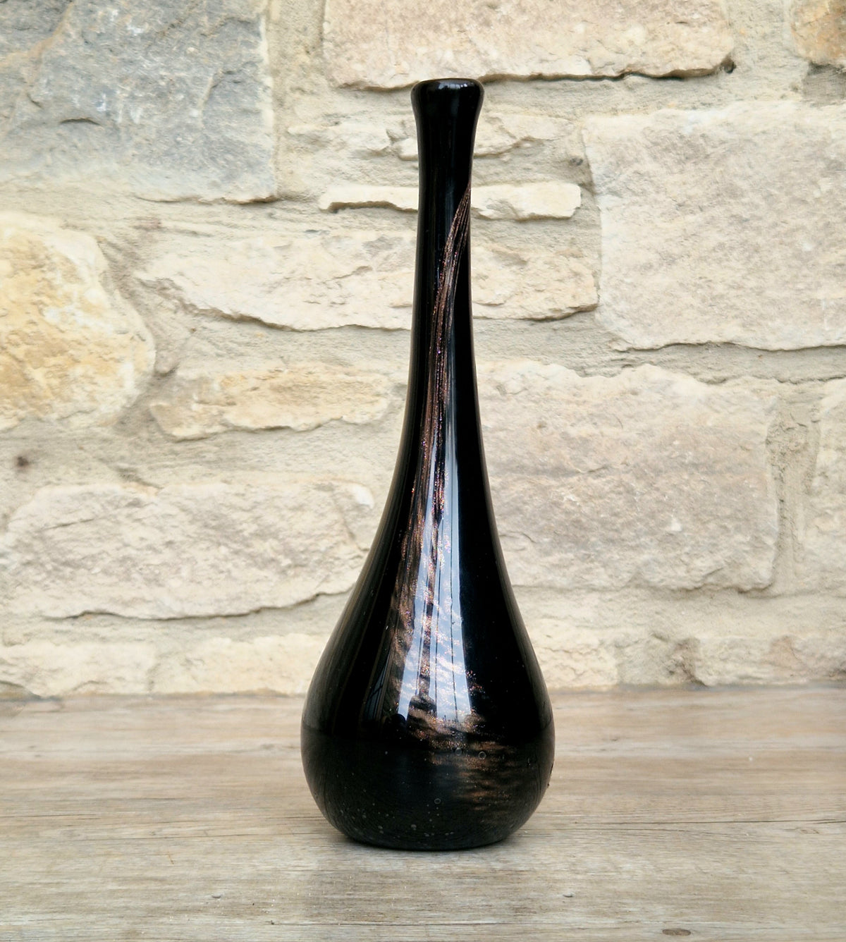 Gérard Torcheux Midcentury Amethyst Black Glass Teardrop Vase French Studio Glass Original Label. 1970s