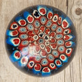 Vintage Murano Red and Blue Glass Hearts & Clubs Millifiore Round Paperweight