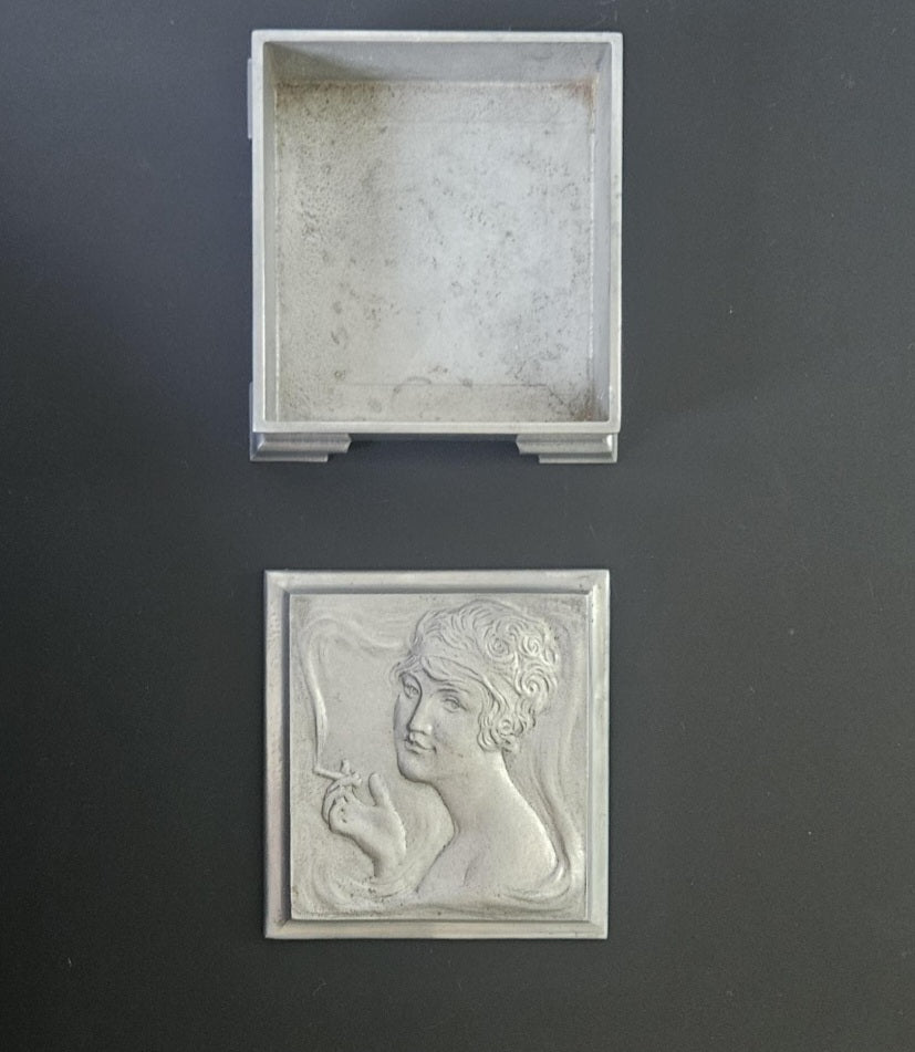 Art Nouveau Lady Aluminium Lidded Box Made in London England Stamped (1905-1924) 13.5cm Square X 6.5cm Tall Arts and Crafts Box