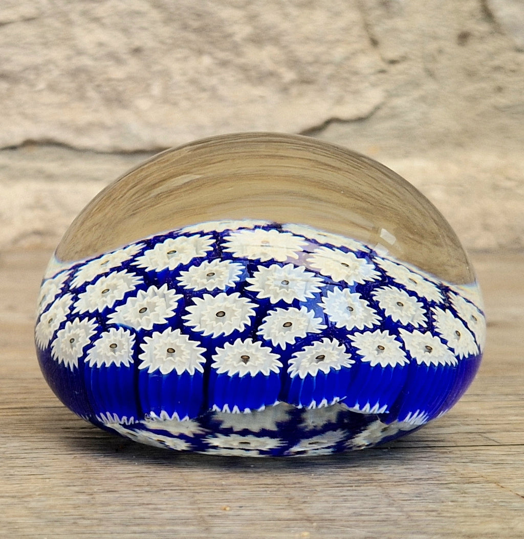ALT Studio Murano Glass Deep Blue & White Star Flower Millifiore Paperweight