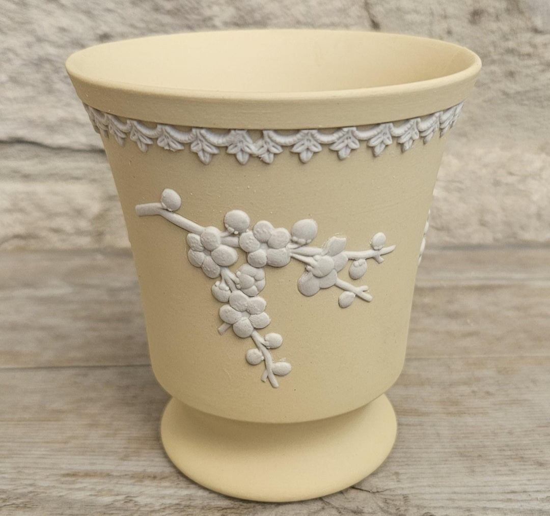 Vintage Wedgwood Jasperware Primrose Yellow Vase White Prunus England Collectible Decorative 10cm Tall