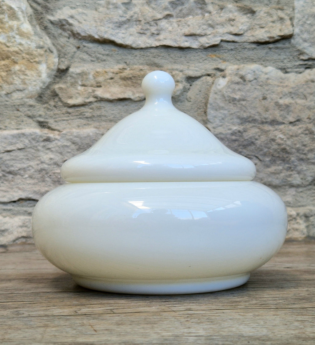 Large French Art Deco White Opaline Glass Bonbonniere Lidded Candy Dish Jar 1930s