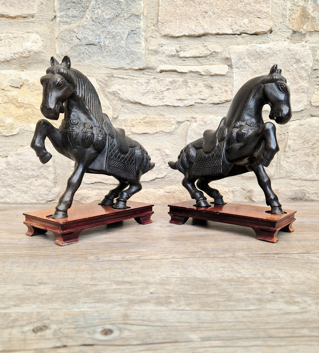 Fine Pair of Vintage Heavy Cast Bronze Tang-Style Chinese Horse Sculptures On Wooden Plinths