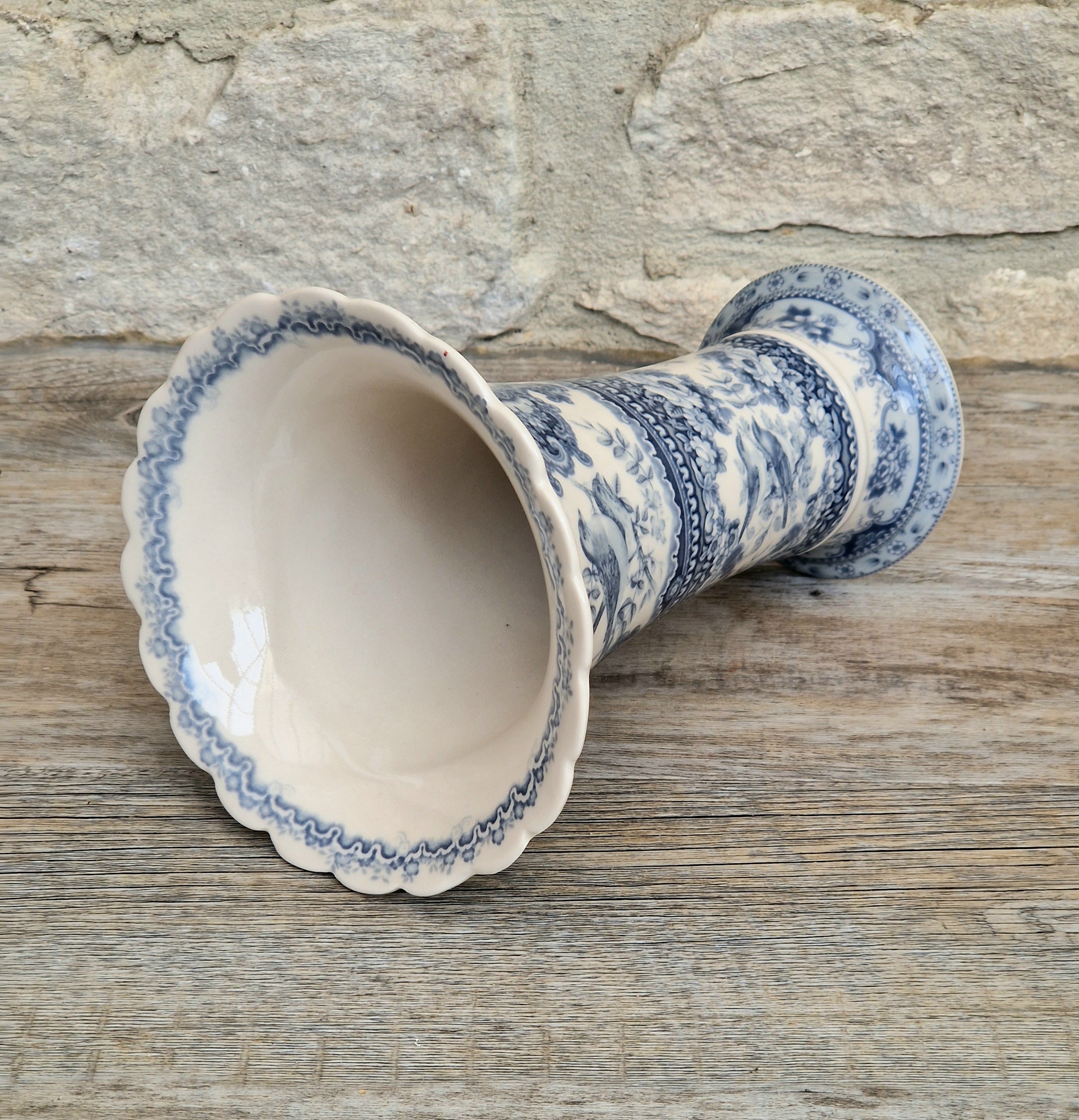 Victorian Style Porcelain Vase Blue White Birds Floral Past Times 20cm Tall Vintage