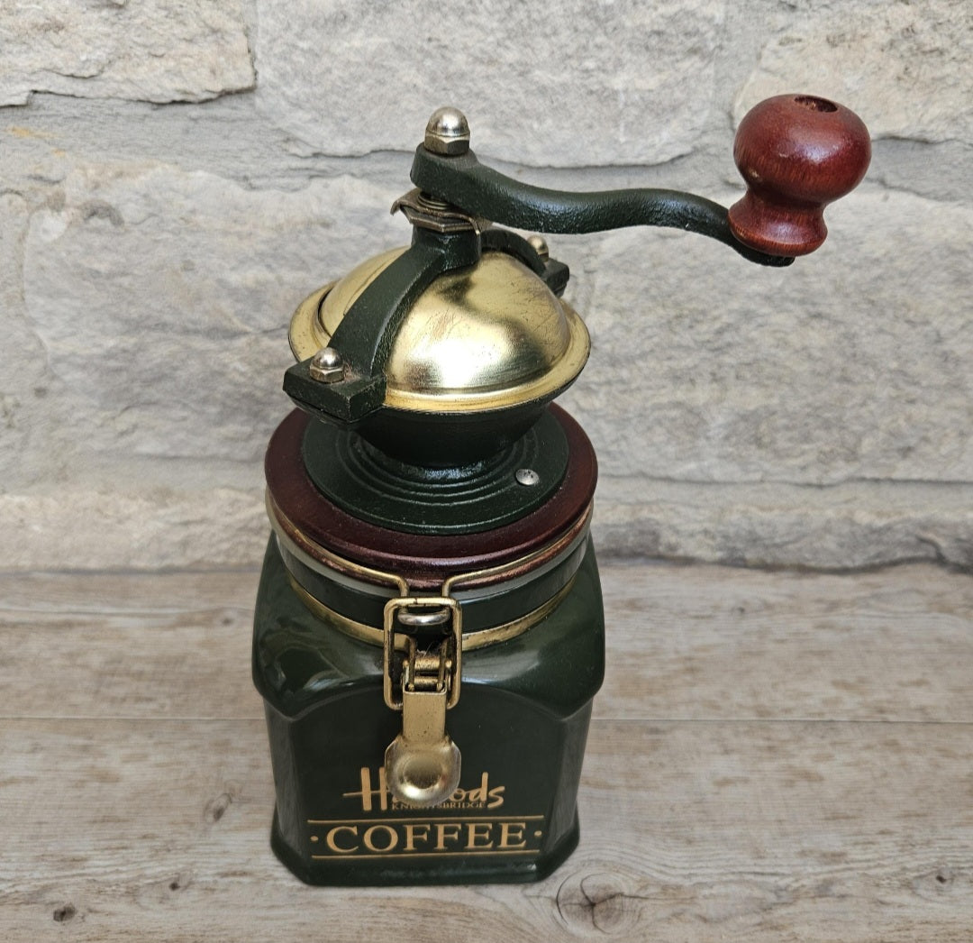 Vintage Harrods London Manual Coffee Grinder Green Gold Logo Retro Manual Mill Collectible Kitchen Decor