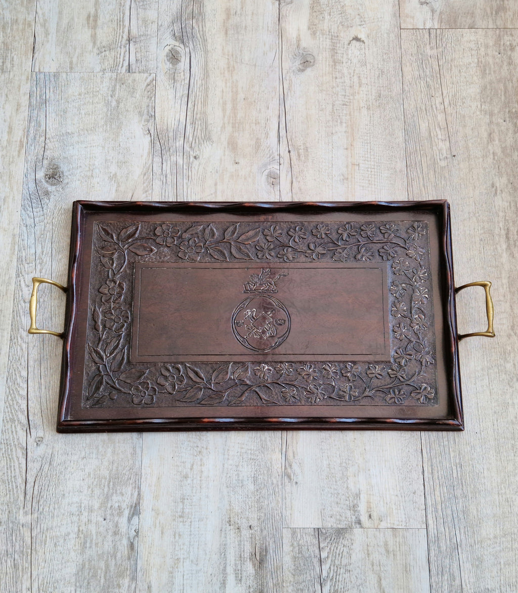 Antique 19th C. Carved Corps Of Commissionaires Presentation Brass Handled Serving Tray