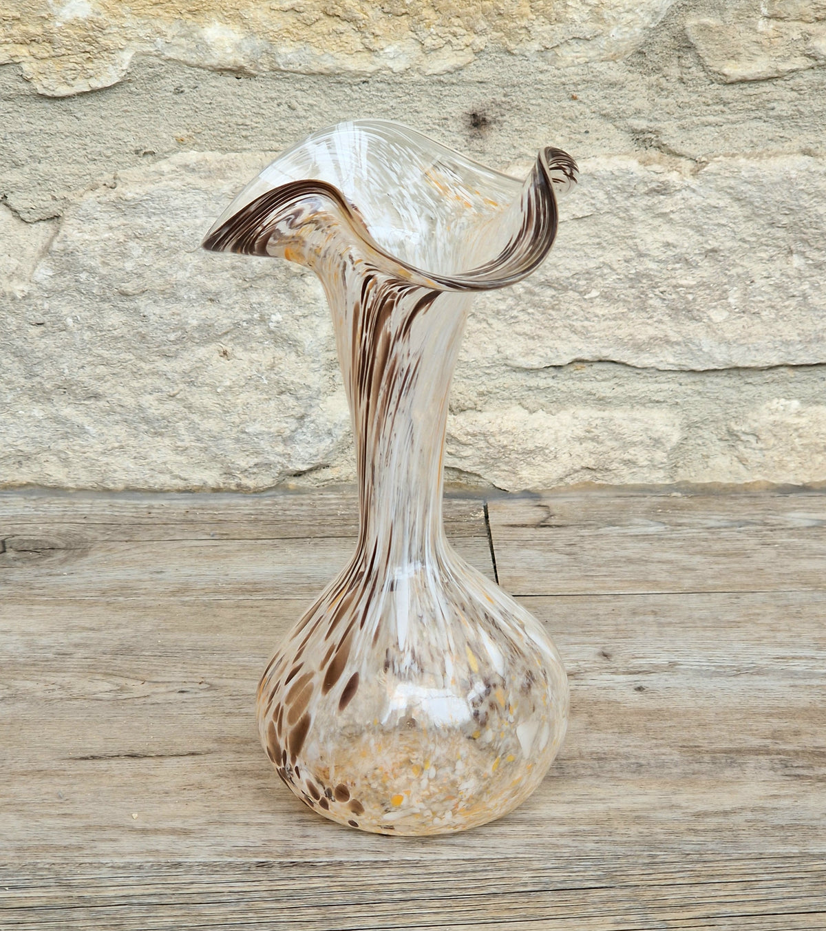 Vintage Art Glass Confetti Vase, Handblown Clear Glass with White, Amber, Brown Flecks, Flared Rim