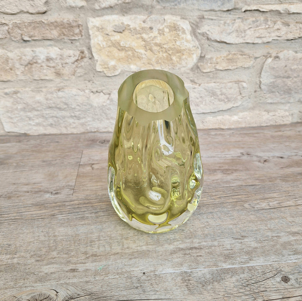 Murano Burri Glass Asymetrical Vase Light Olive Green Heavy Textured Vintage
