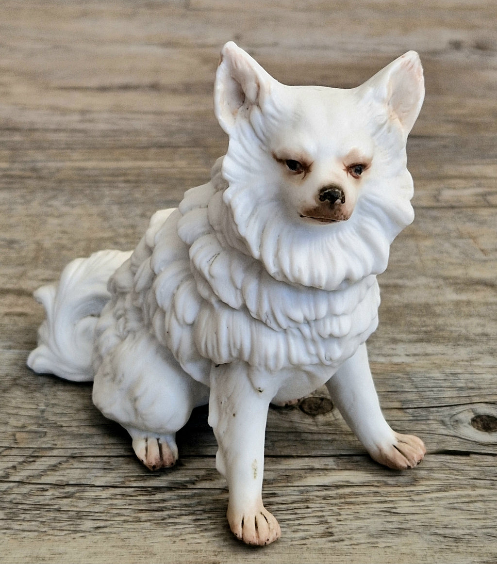 Antique Heubach Bisque Sitting Spitz Dog: German Figure, Circa 1864-1880