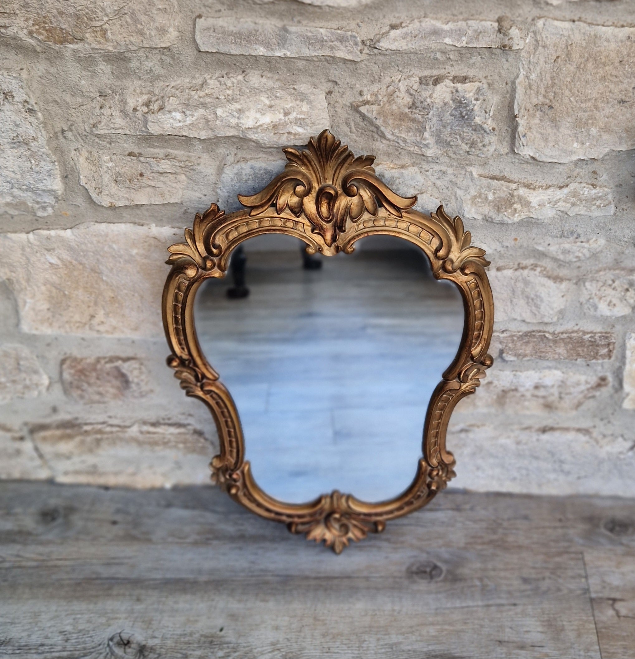 Vintage Italian Ornate Rococo Style Gilded Gold Wall Mirror 51cm x 35cm Stamped Italy