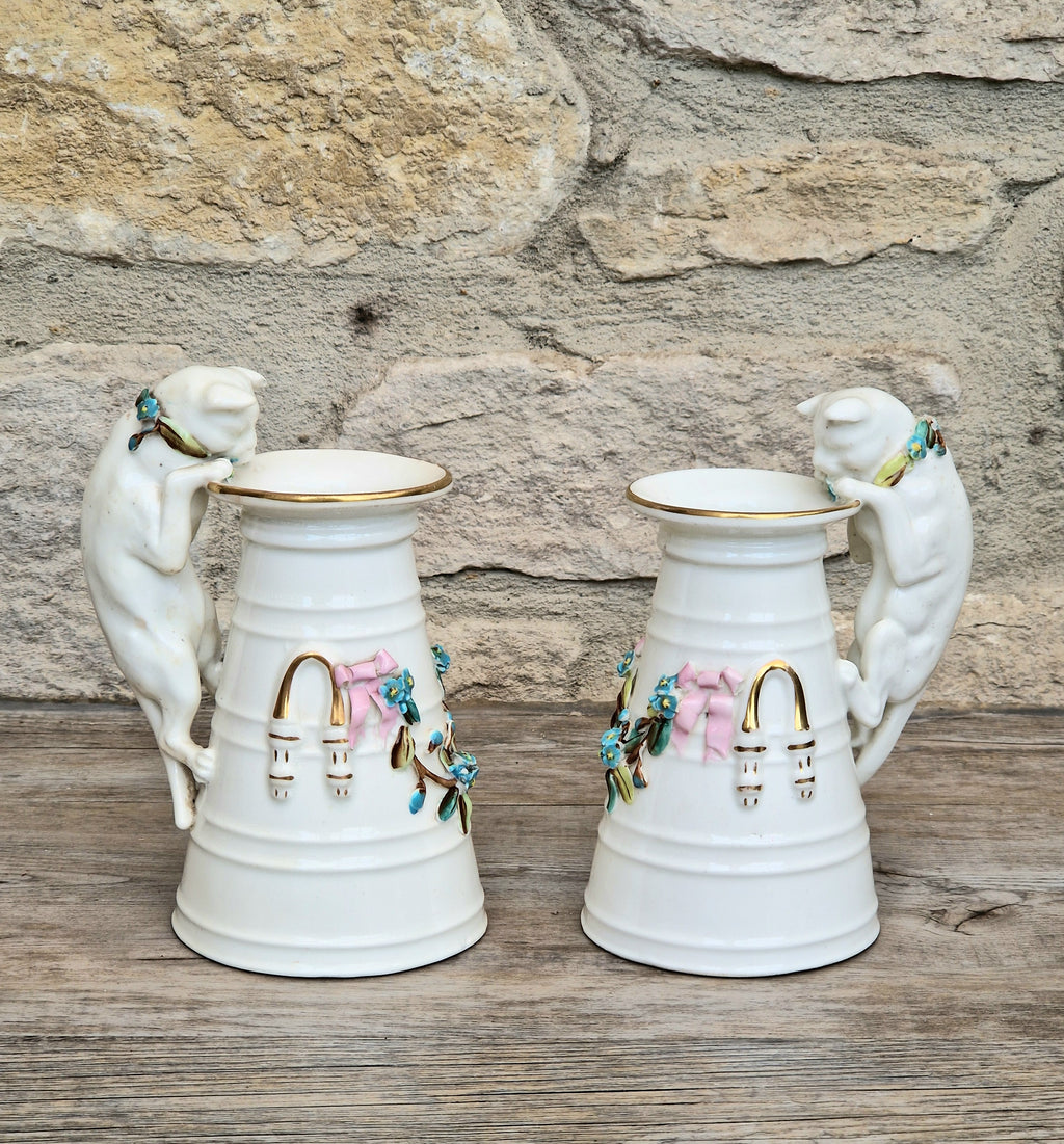 Antique Copeland Porcelain Cat Cream Churn Vases Pair Floral Applied Flowers Gilt 19th Century
