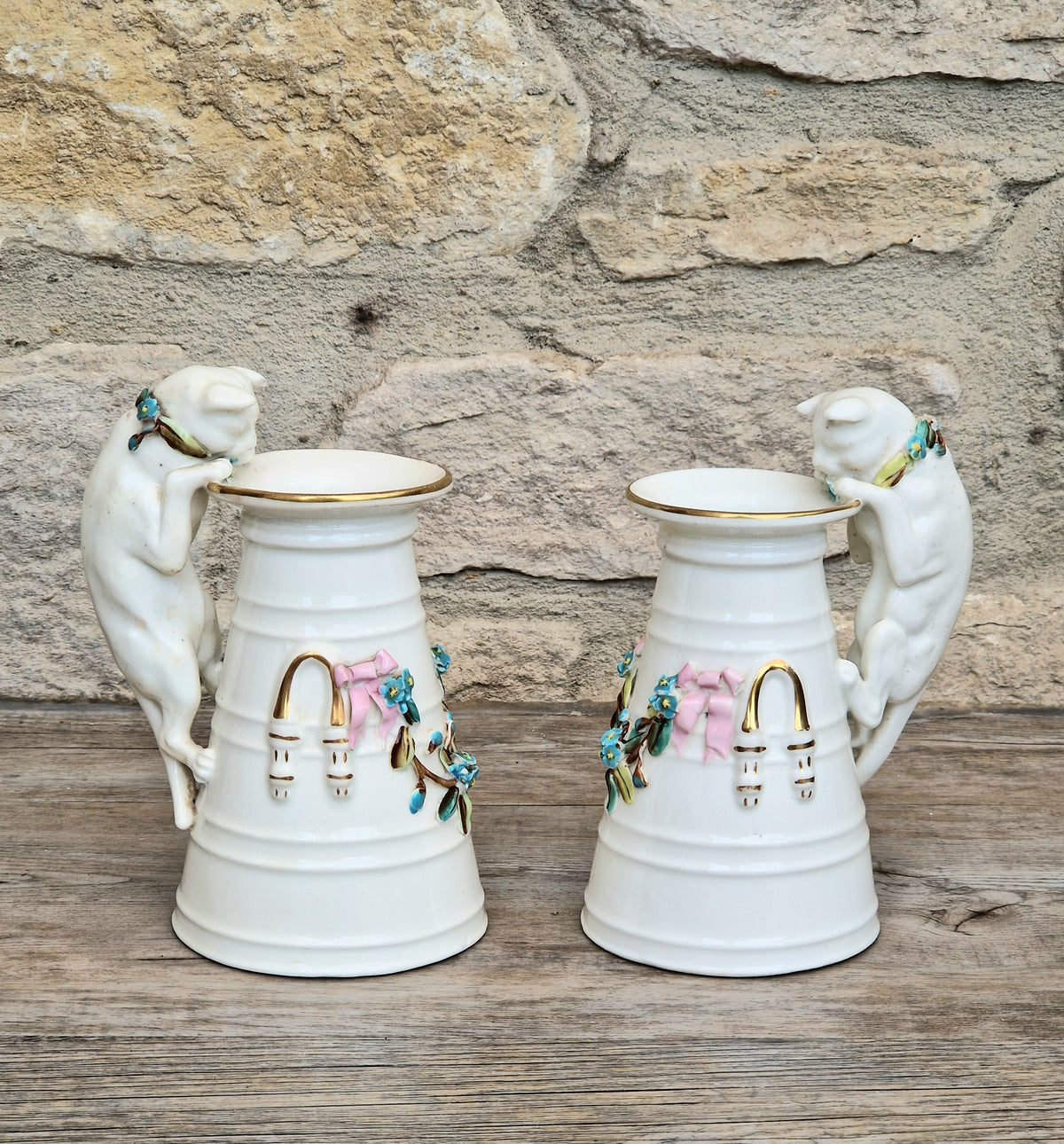 Antique Copeland Porcelain Cat Cream Churn Vases Pair Floral Applied Flowers Gilt 19th Century
