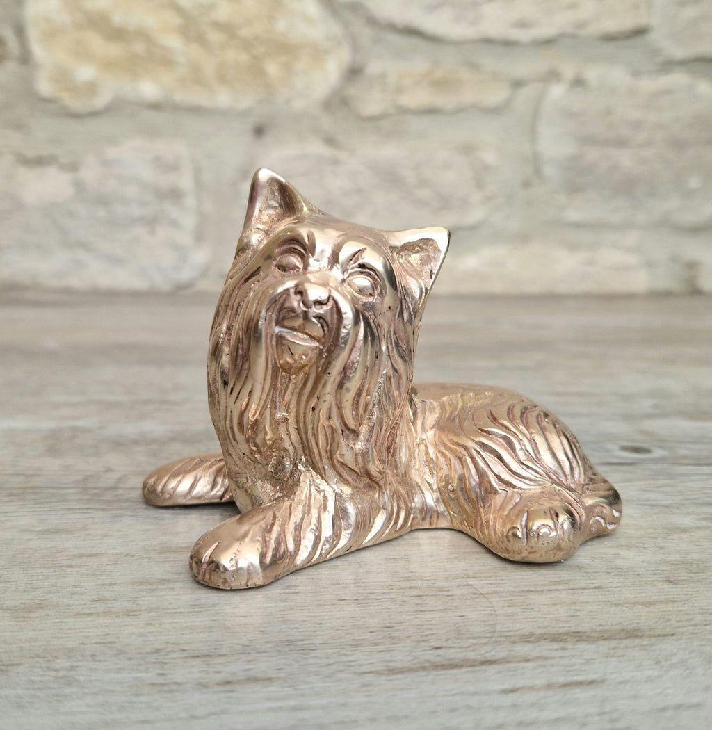 Vintage Solid Brass Yorkshire Terrier Figure Ornament 10cm