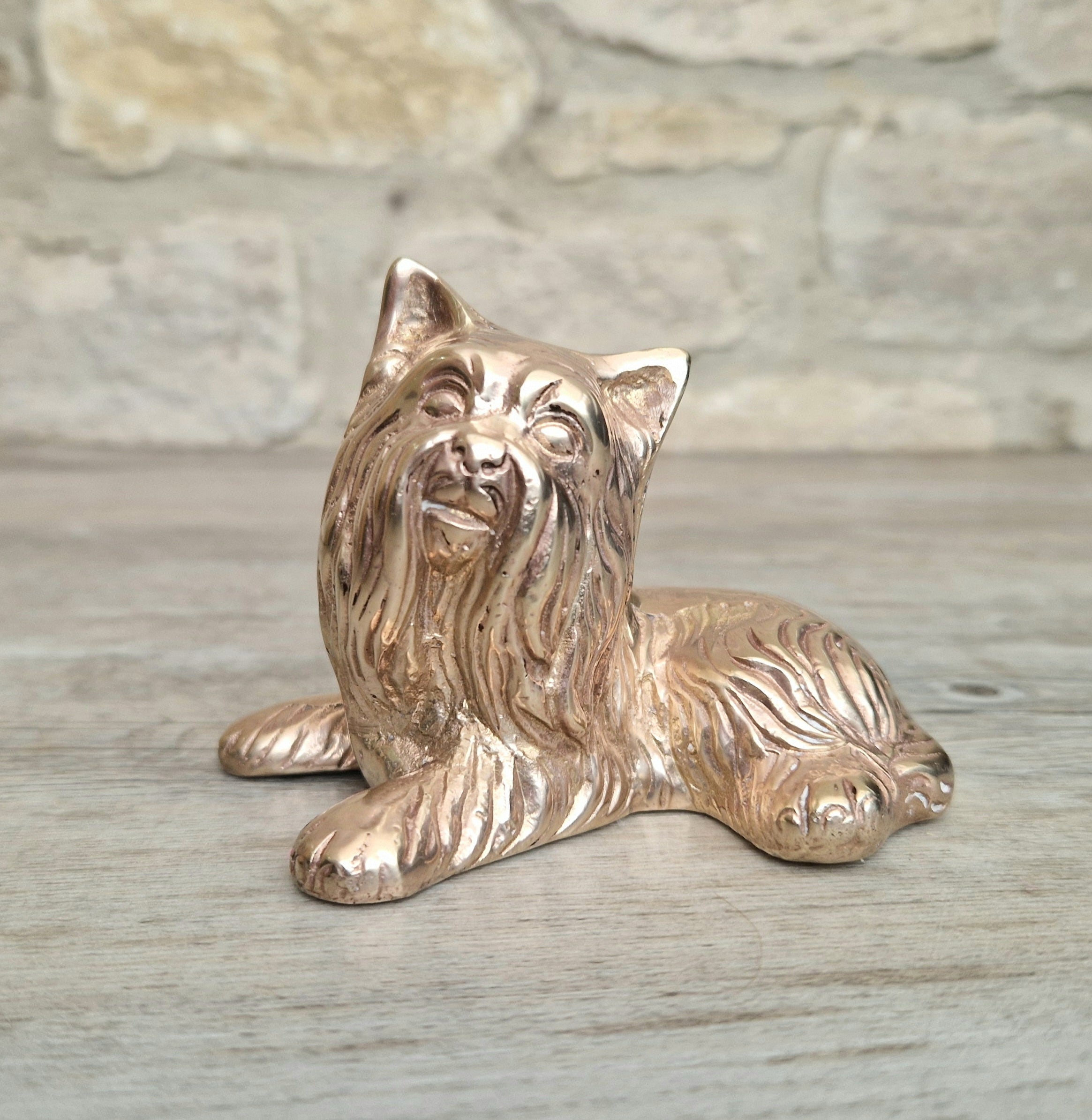 Vintage Solid Brass Yorkshire Terrier Figure Ornament 10cm