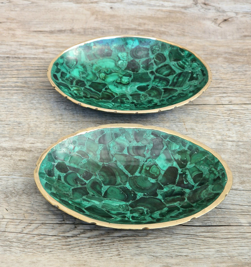 Pair of Stunning Fine Midcentury Malachite & Brass Oval Vide Poche Catch-All Decorative Bowls