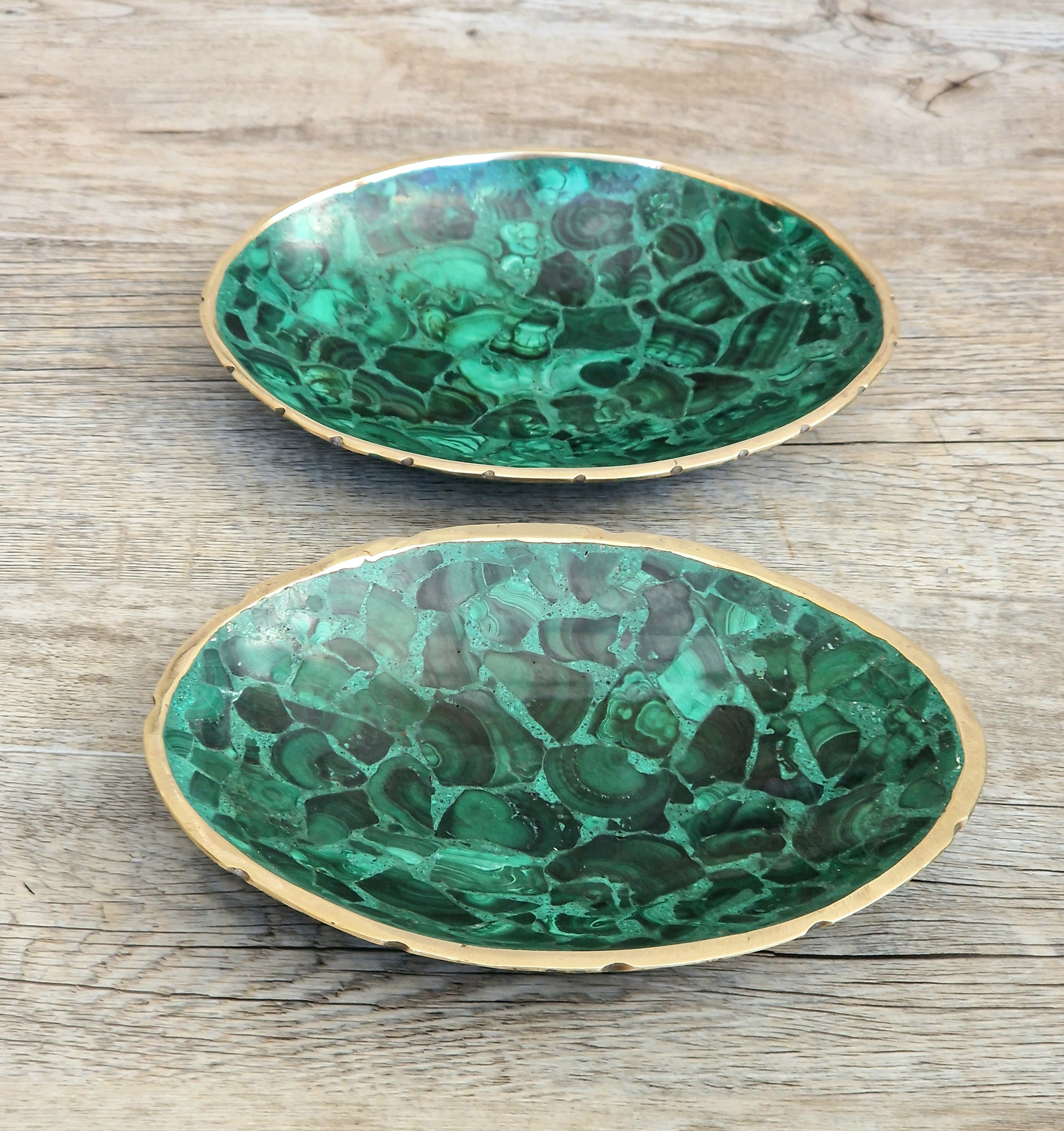 Pair of Stunning Fine Midcentury Malachite & Brass Oval Vide Poche Catch-All Decorative Bowls