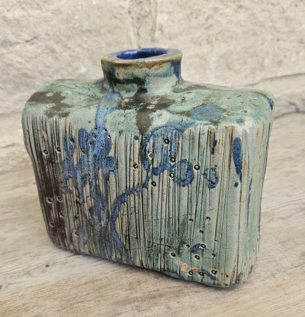 Mcm Vase Dripware Ceramic Blue Decorative Stoneware Berachah Pottery Devon England 14cm X 14cm
