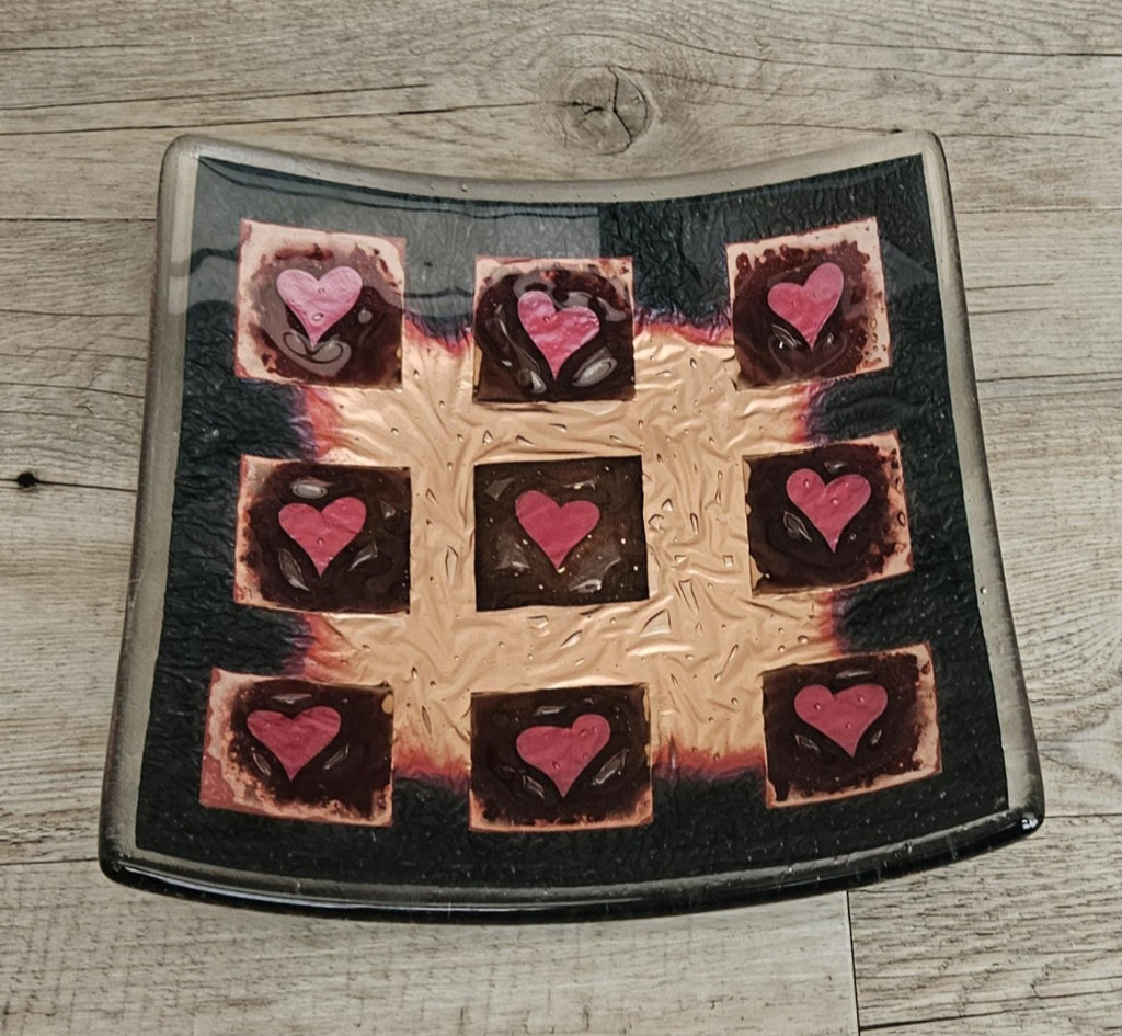 Art Glass Large Love Heart Fused Glass Curved Square Centrepiece 19cm Square