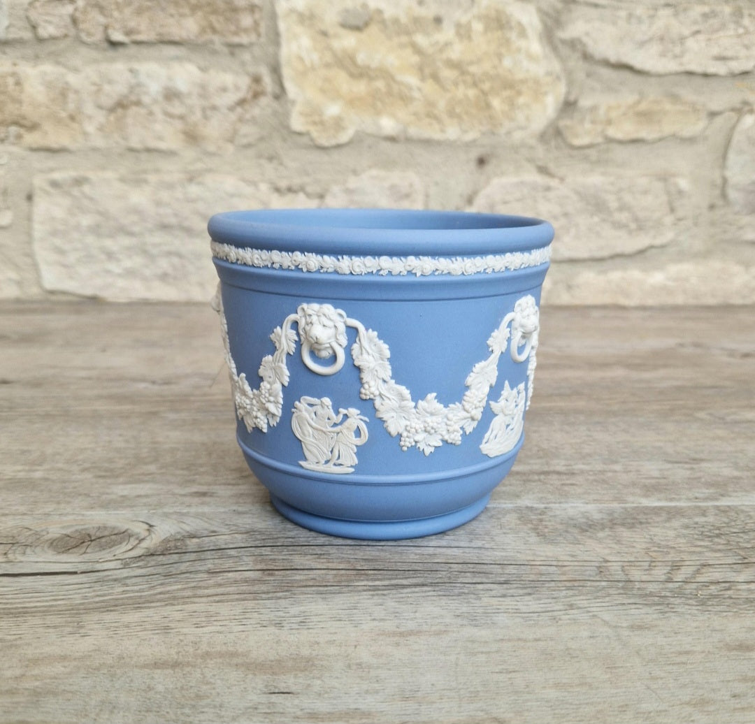 Wedgwood Jasperware Blue & White Neoclassical Sprigged Cachepot Planter Vase