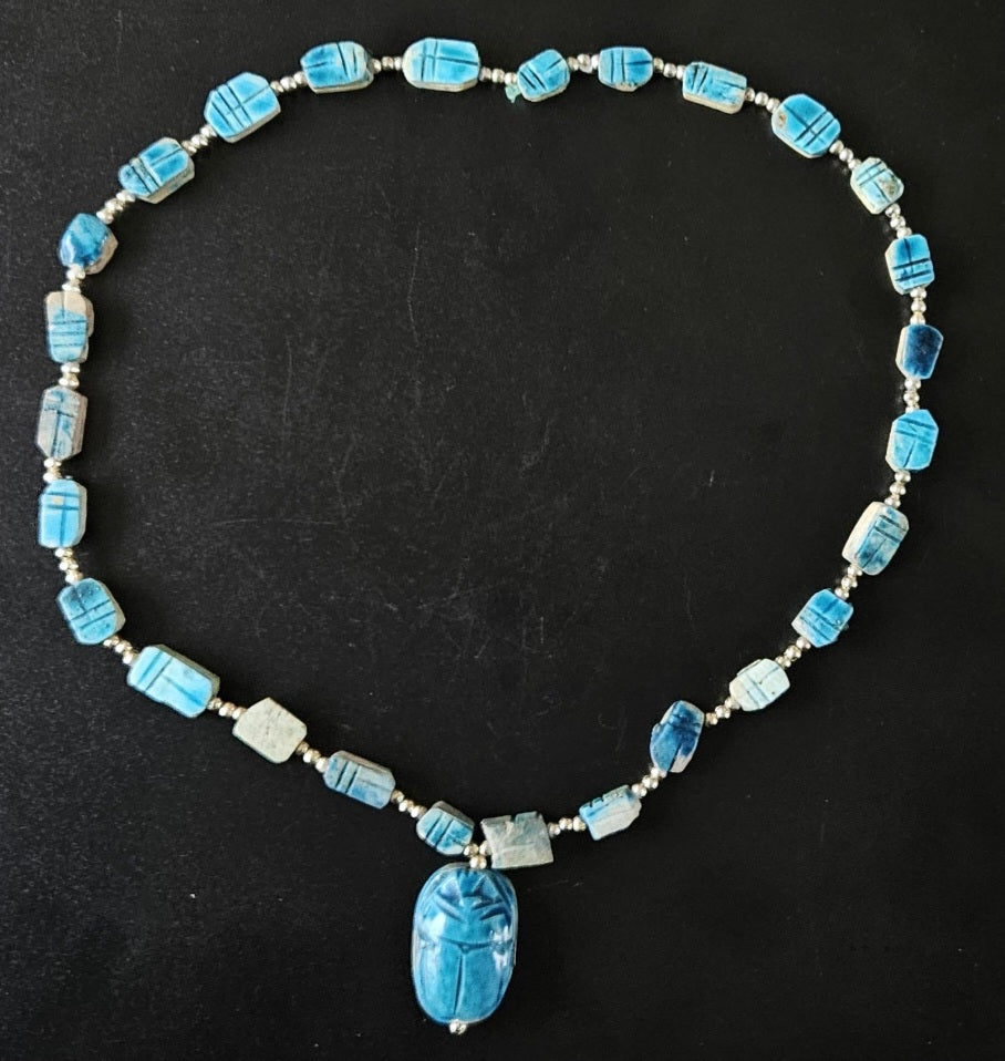 Vintage Turquoise Scarab Necklace Egyptian Revival Beaded with Pendant