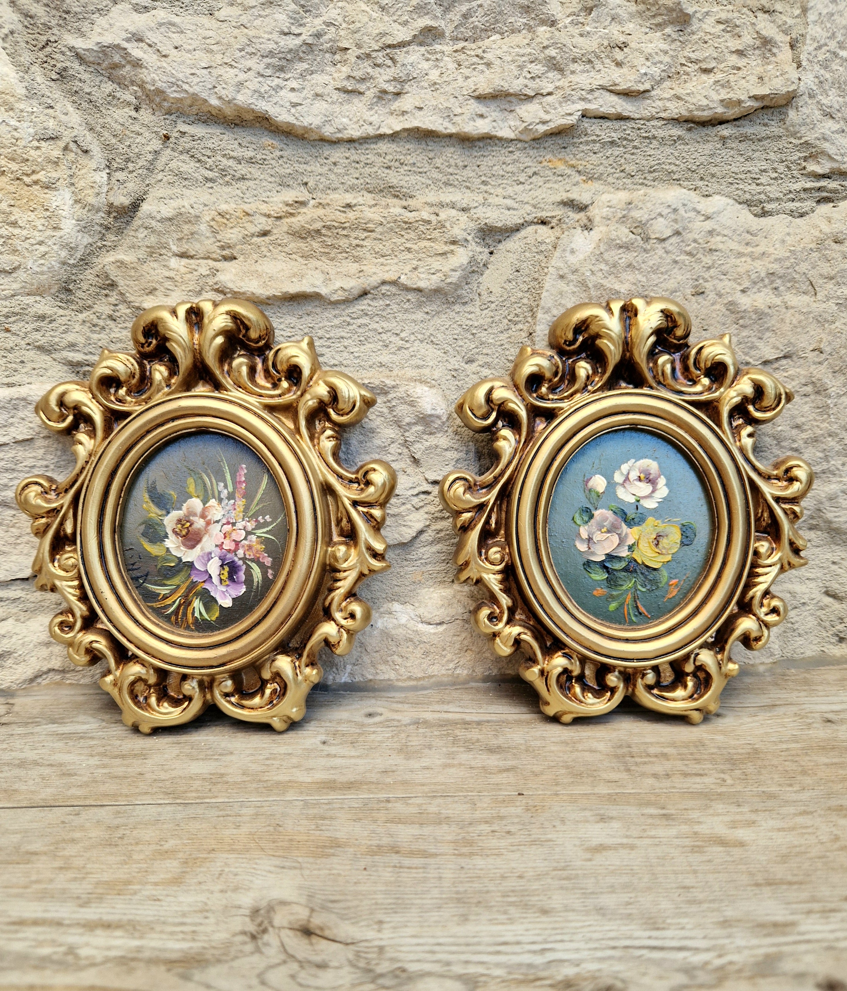 Vintage Pair Signed Floral Miniature Oil Paintings Ornate Gold Rococo Florentine Style Wall Plaques