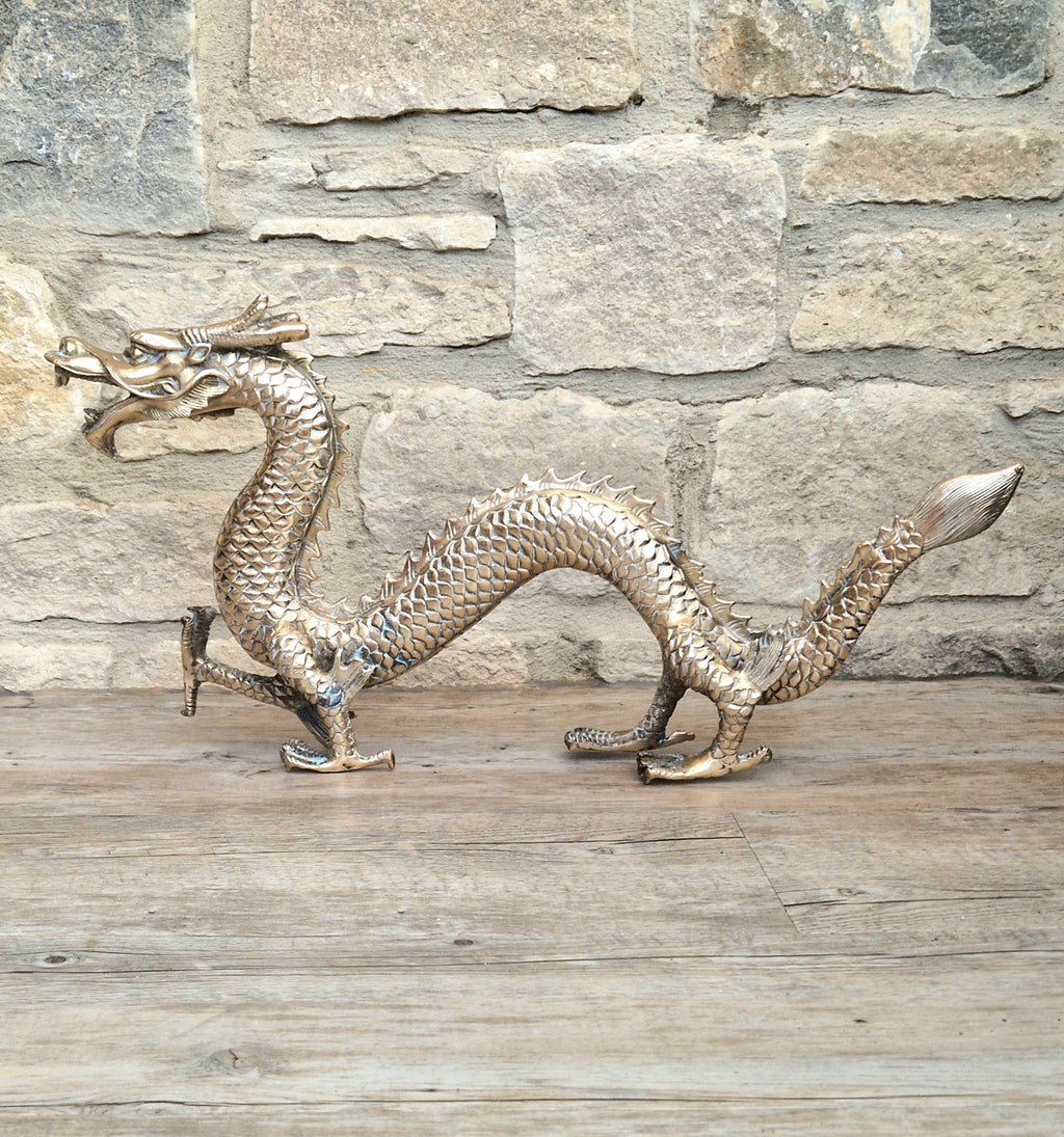 Mid Century High Quality Large Sand-Cast Brass Heavy Chinese Mythical Dragon Figure 51cm