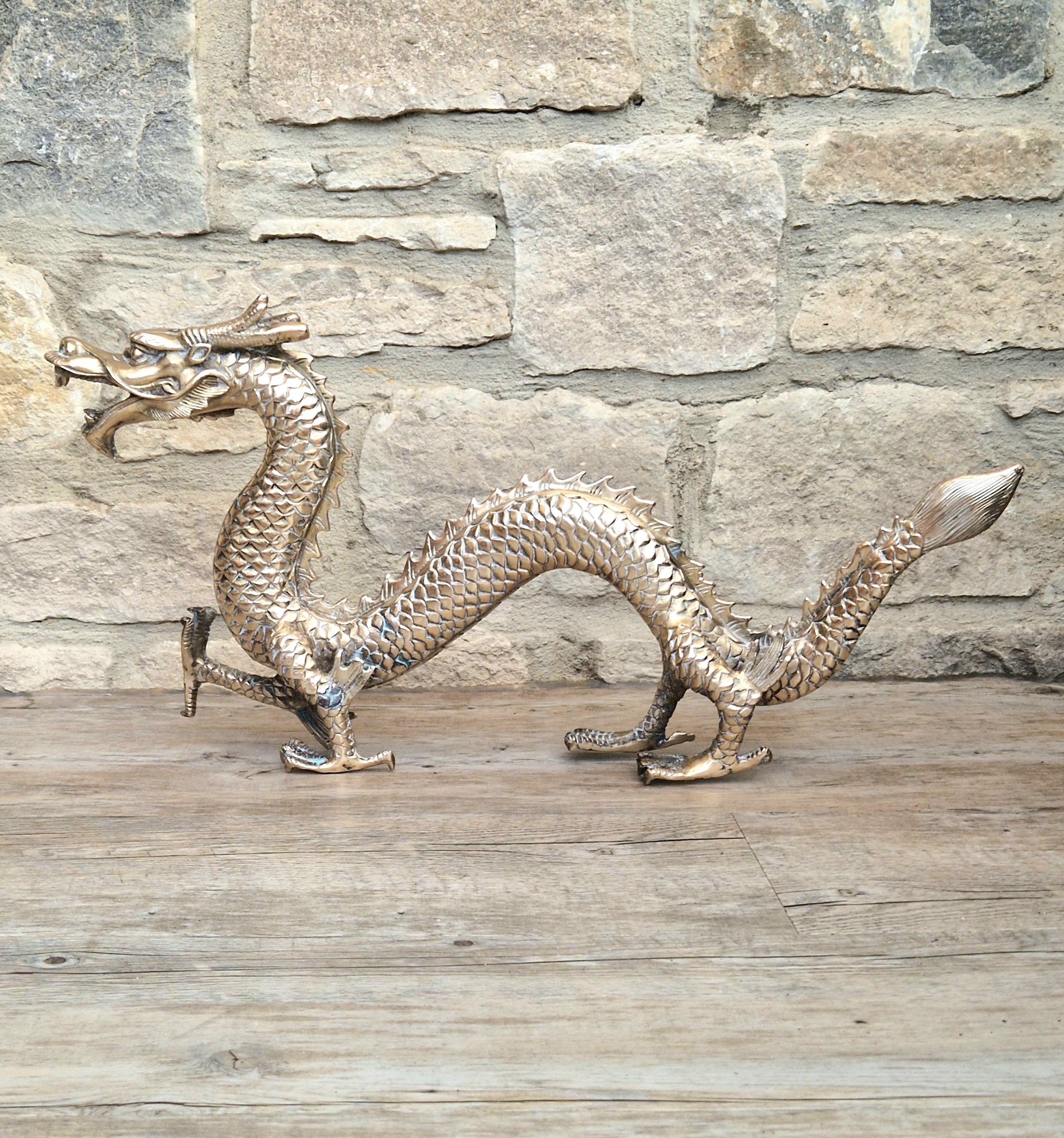 Mid Century High Quality Large Sand-Cast Brass Heavy Chinese Mythical Dragon Figure 51cm