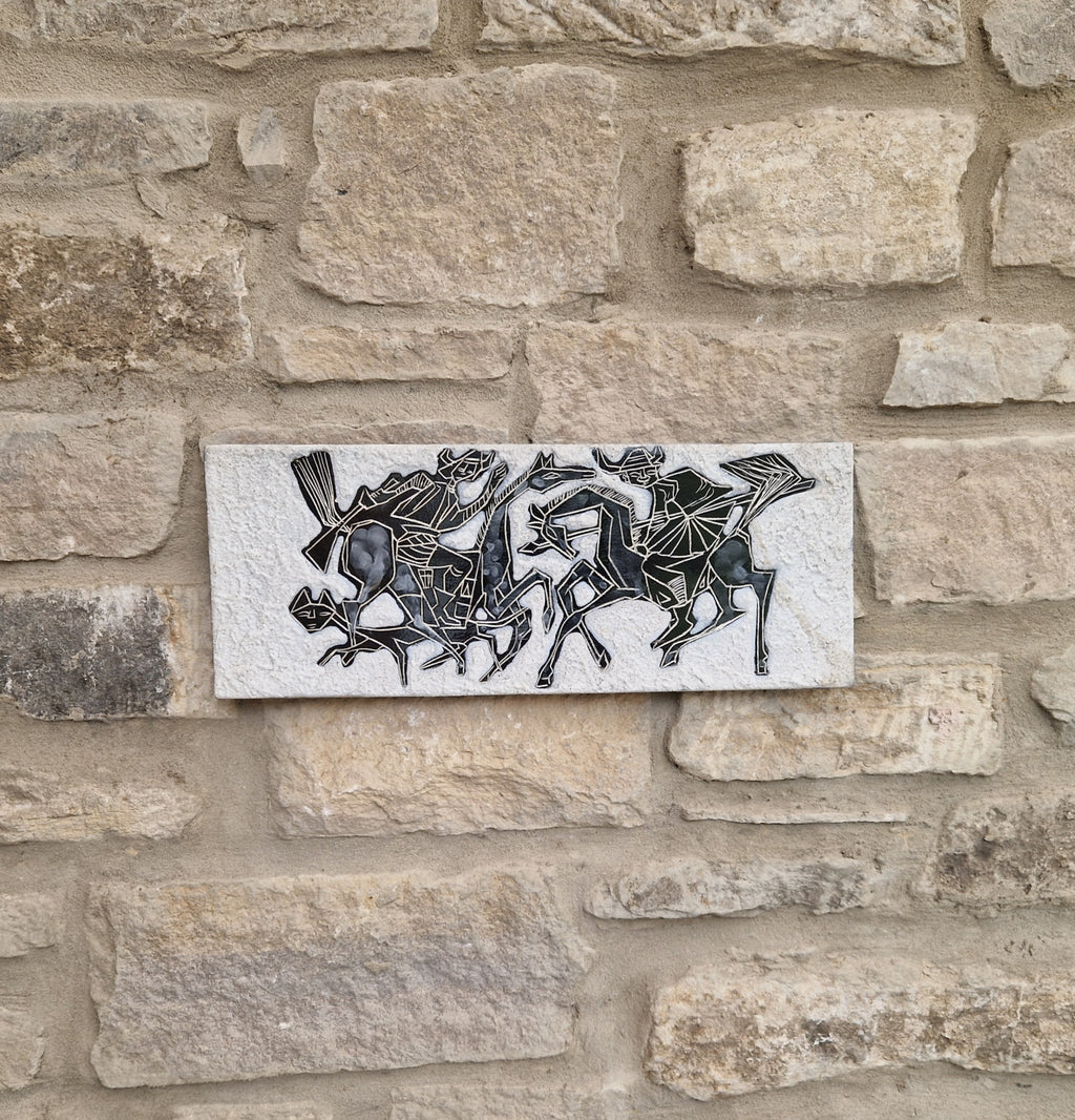 Mid-Century Italian Ceramic Art Plaque Warriors On Horseback Glazed Textured Art