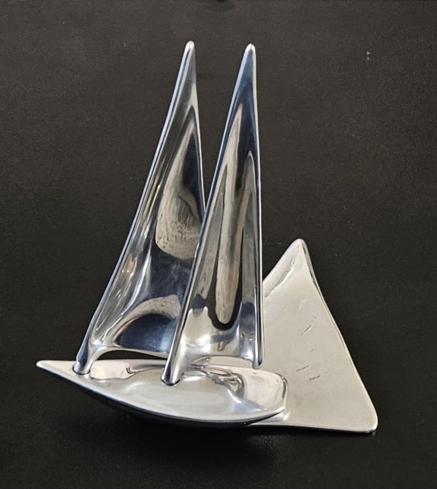 Vintage Small Hoselton Sailing Boat Art Sculpture Nautical Maritime Canadian Artist Cast Aluminum 16cm Tall X 13.5 Across