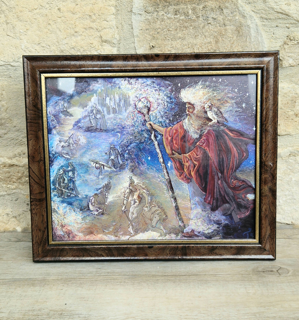 Vintage 1990s Foil Art Print Titled "Merlin's Quest" by Artist Josephine Wall Framed