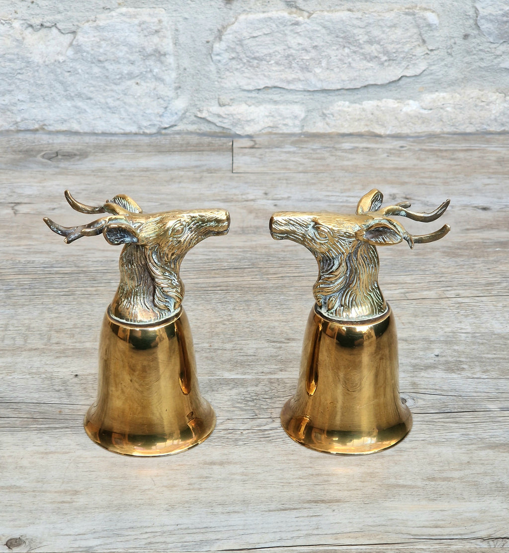 Pair Vintage Brass Stag Stirrup Cups Silver Plated Interiors Naturally Patinated Hunting Barware 1970s