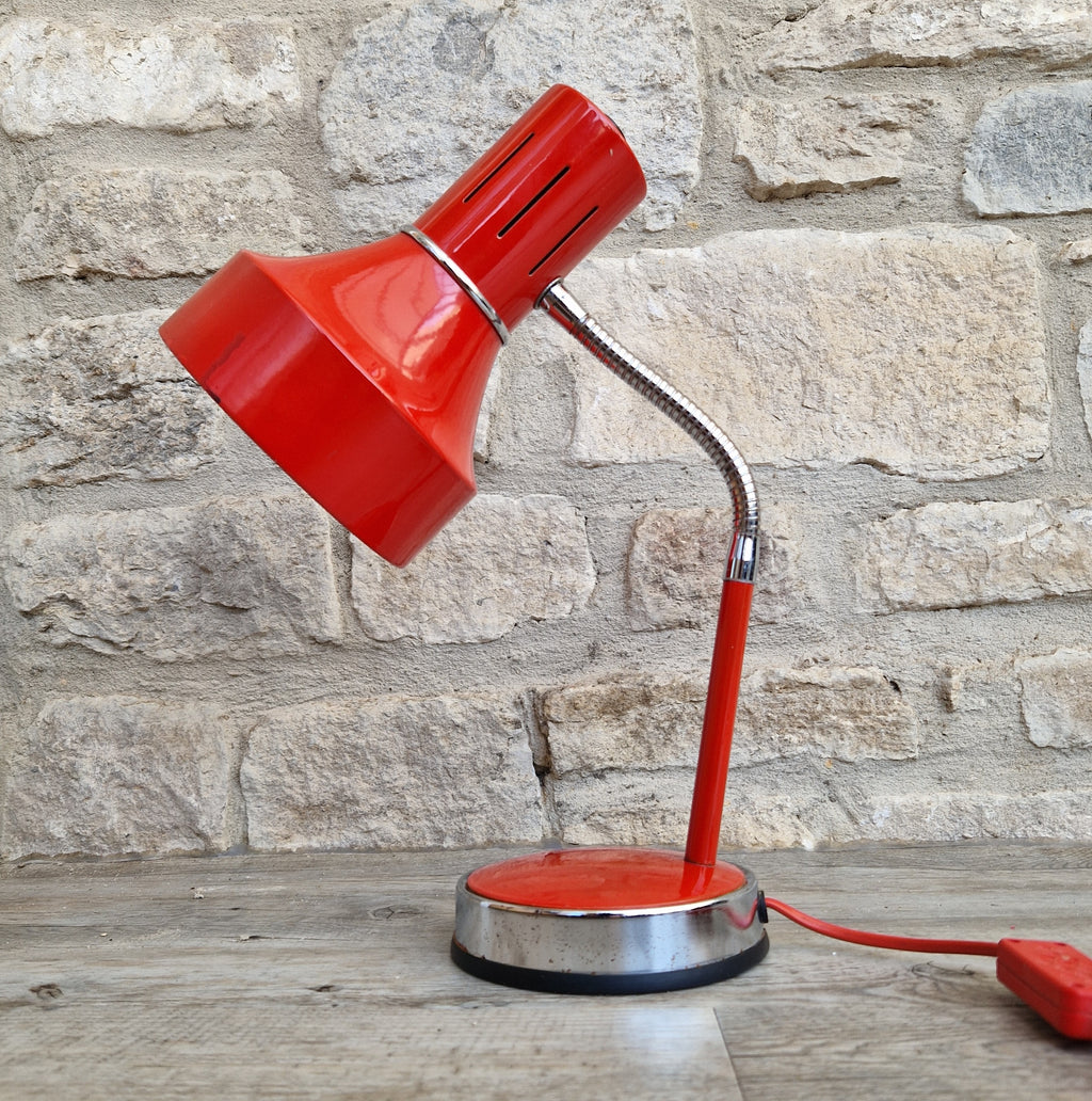 1980s Cherry Red Desk Lamp: Mid Century Space Age Flexible Lamp