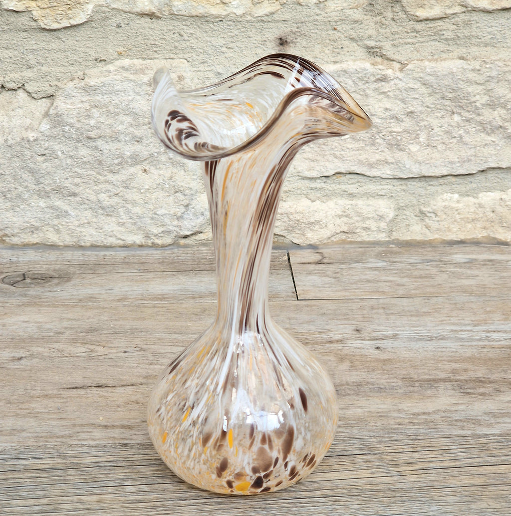 Vintage Art Glass Confetti Vase, Handblown Clear Glass with White, Amber, Brown Flecks, Flared Rim