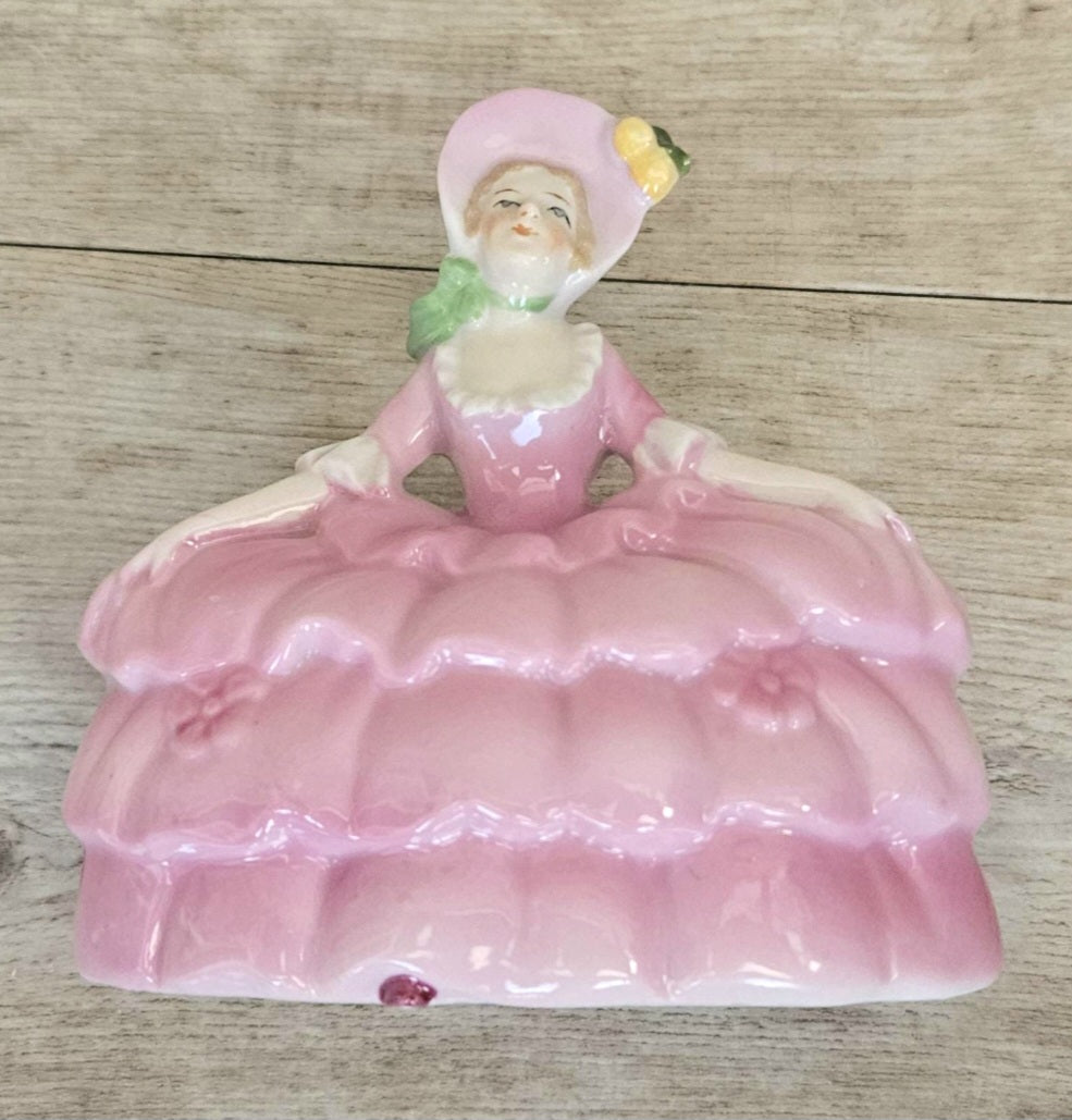 Antique Pink Lady Crinoline Dress Victorian Era Porcelain Dressing Table Decor Boudoir Figurine