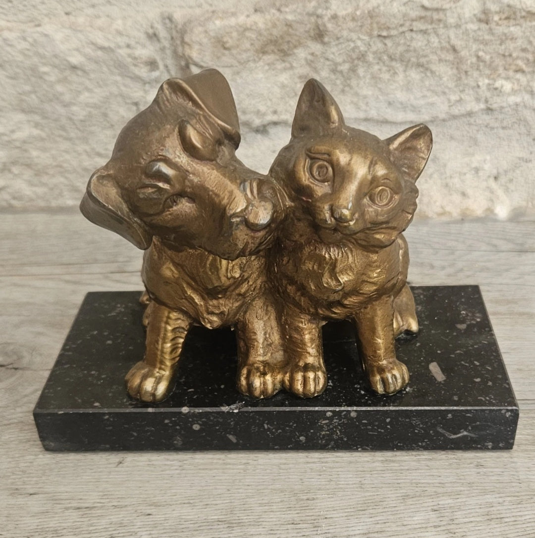 Antique Art Deco Spelter Cat and Dog Figurine on Black Marble Base 16cm X 8cm
