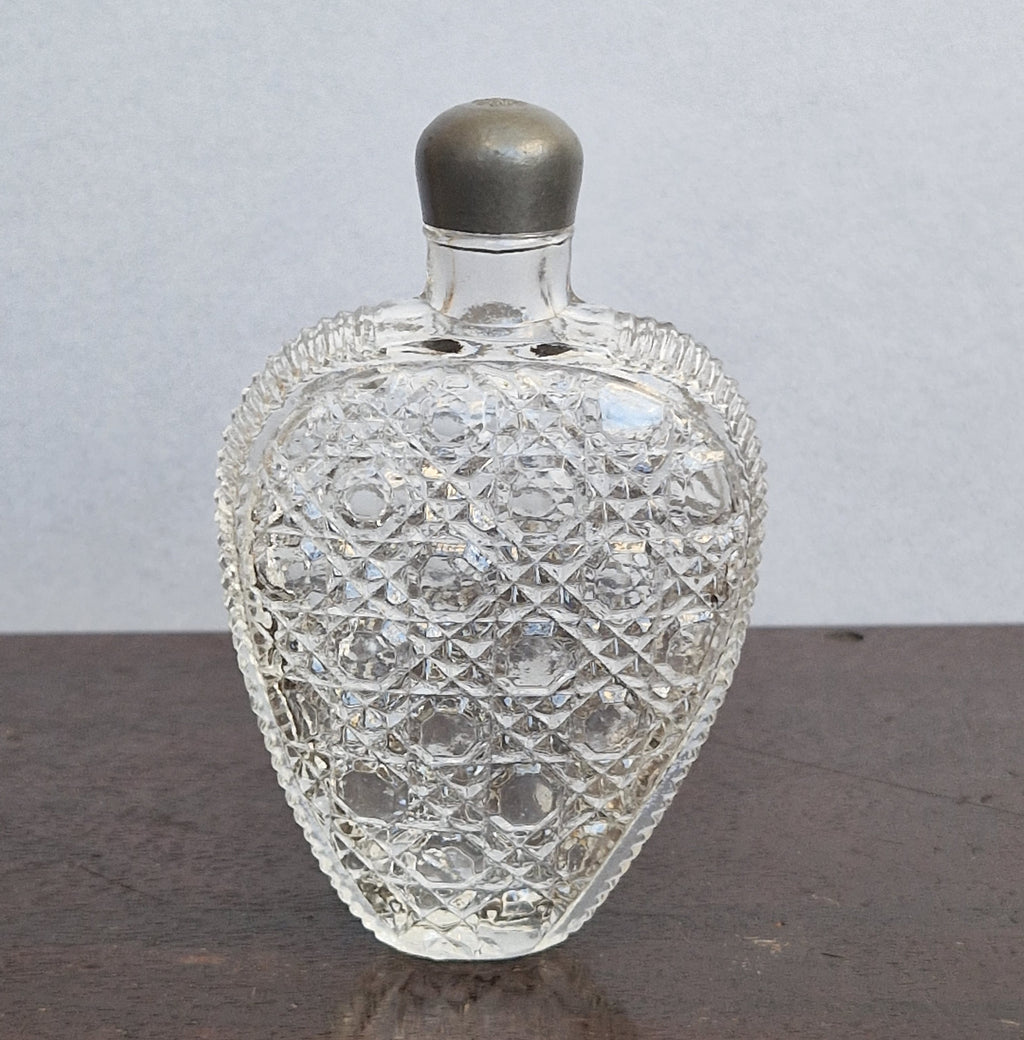 Antique Victorian Pressed Glass Heart Perfume Bottle Pocket Scent Flask Original Cap
