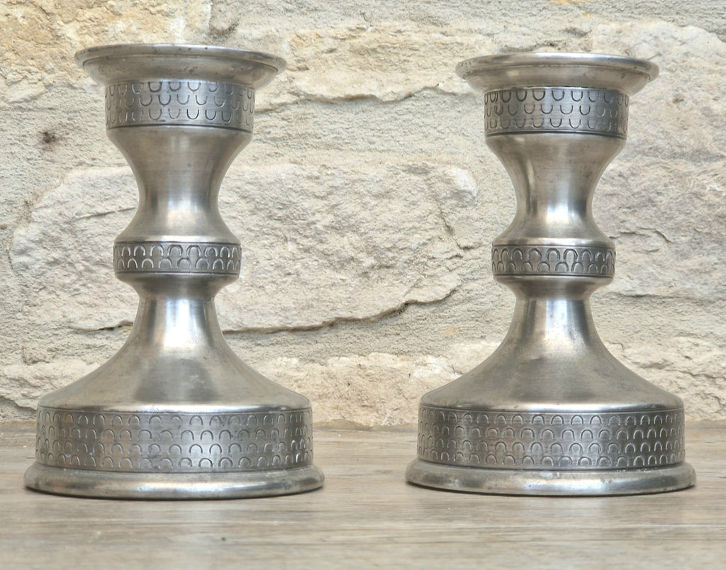 Vintage Norwegian Pewter Candlesticks Pair Olav Cook Mid Century Scandinavian Viking Decor