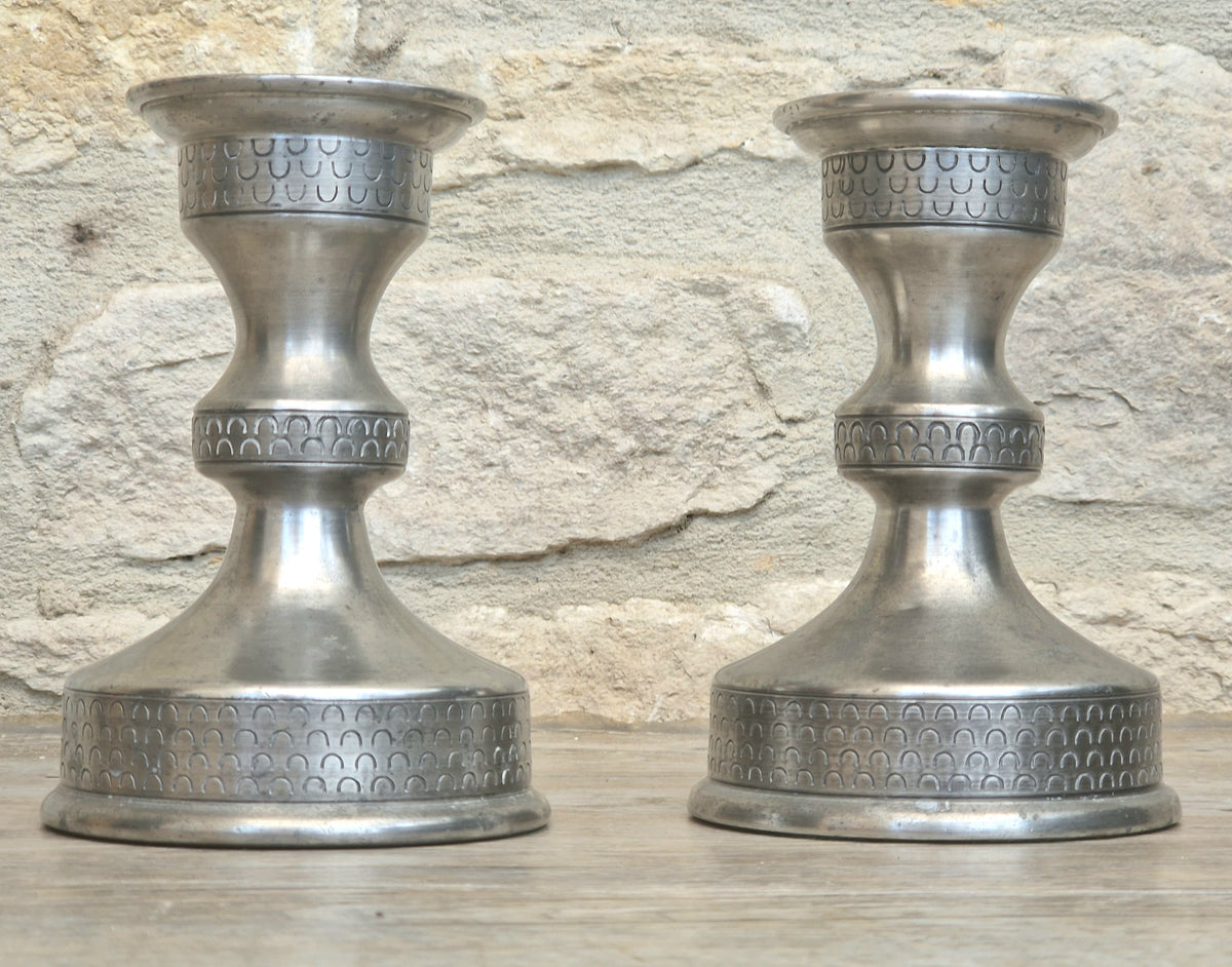 Vintage Norwegian Pewter Candlesticks Pair Olav Cook Mid Century Scandinavian Viking Decor