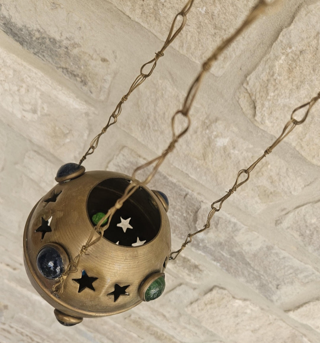 Vintage Pierced Brass Hanging Lantern with cabouchon verdigris Bohemian Moroccan