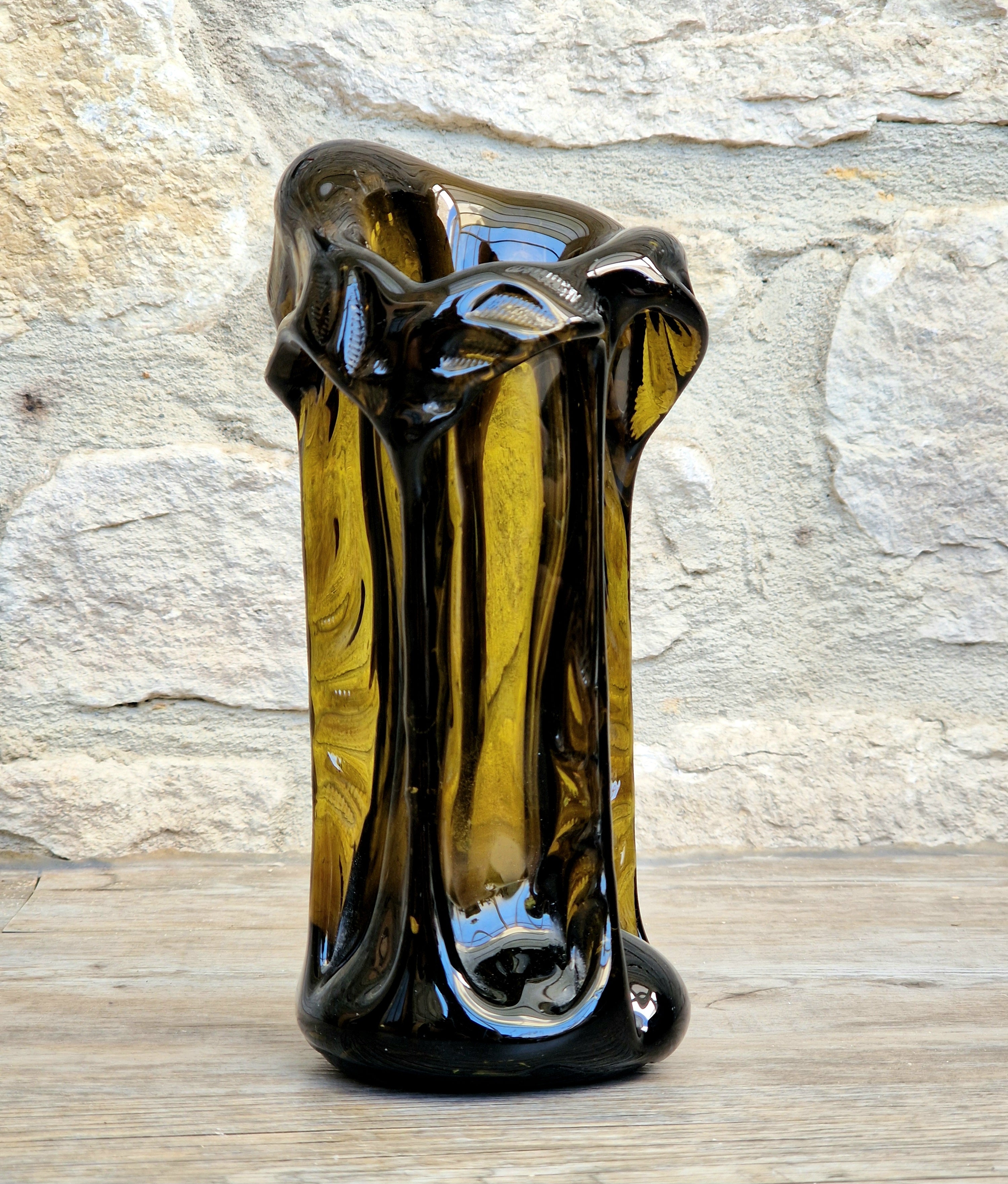 Vintage 1970s Polish Wołomin Hand Blown Smoked Amber Art Glass Pulled Freeform Ribbed Vase Rare Piece