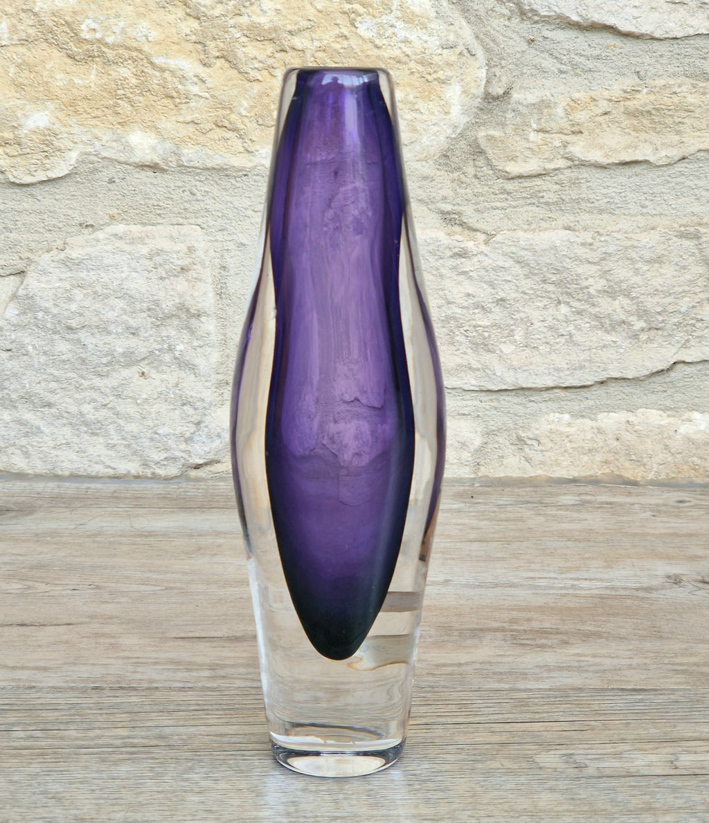 Vintage Smålandshyttan Sweden Amethyst Glass Vase Josef Schott Double Label Mid Century 20cm
