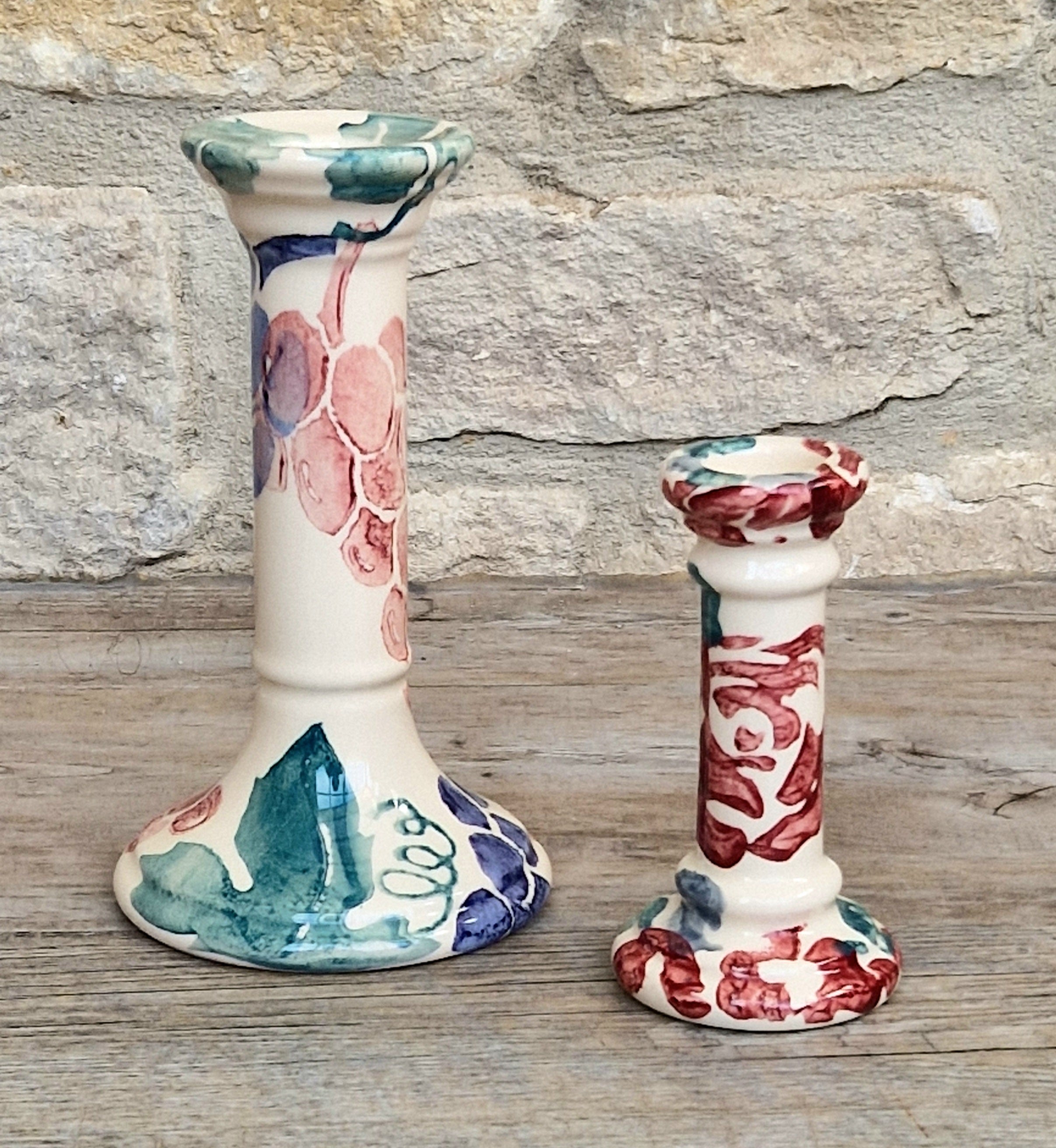 2 x Emma Bridgewater Spongeware Grapes & Roses Candle Sticks Candle Holders Vintage Early