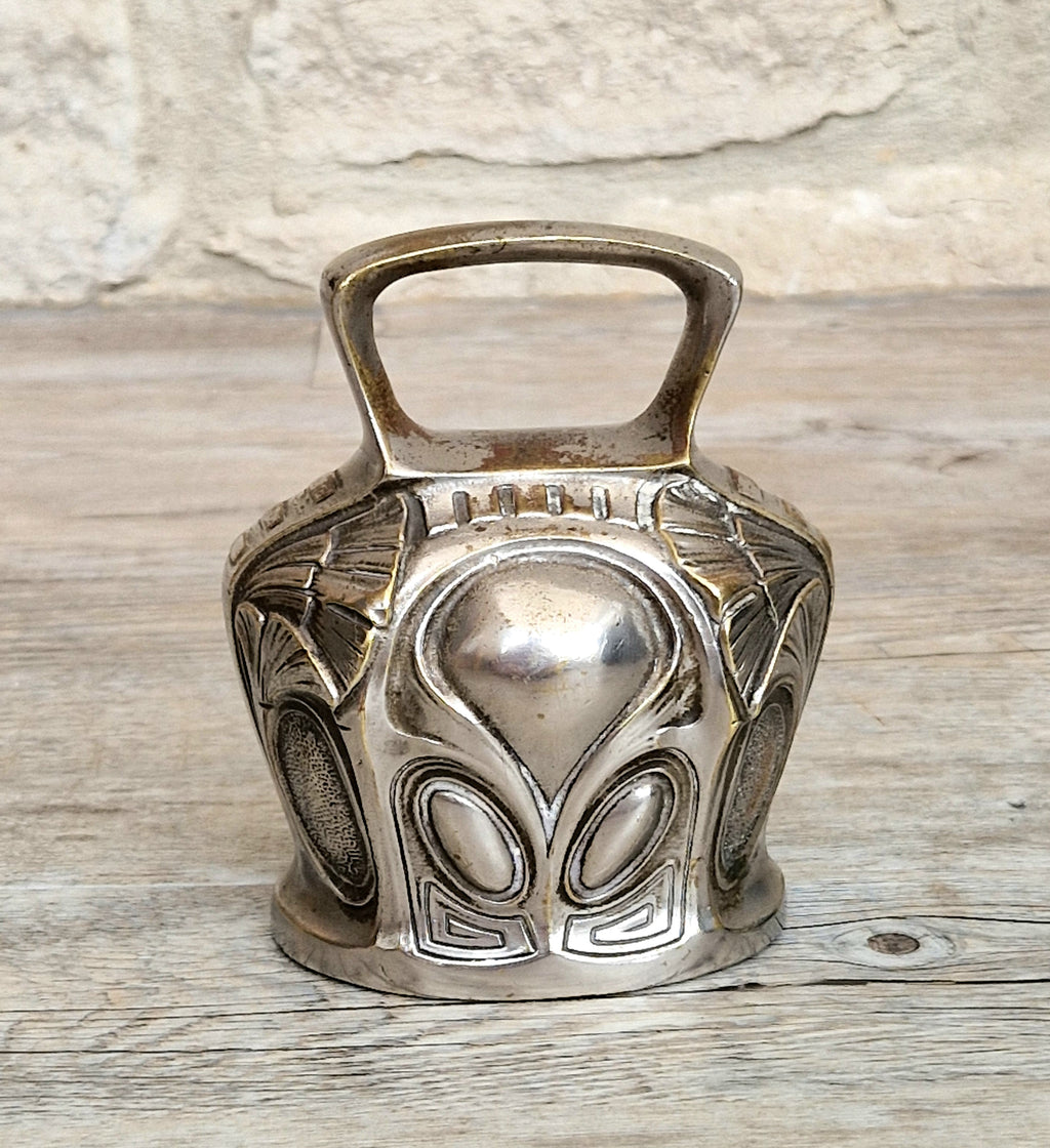 Antique Art Nouveau Silvered Bronze Large Ornate Decorated Table Bell