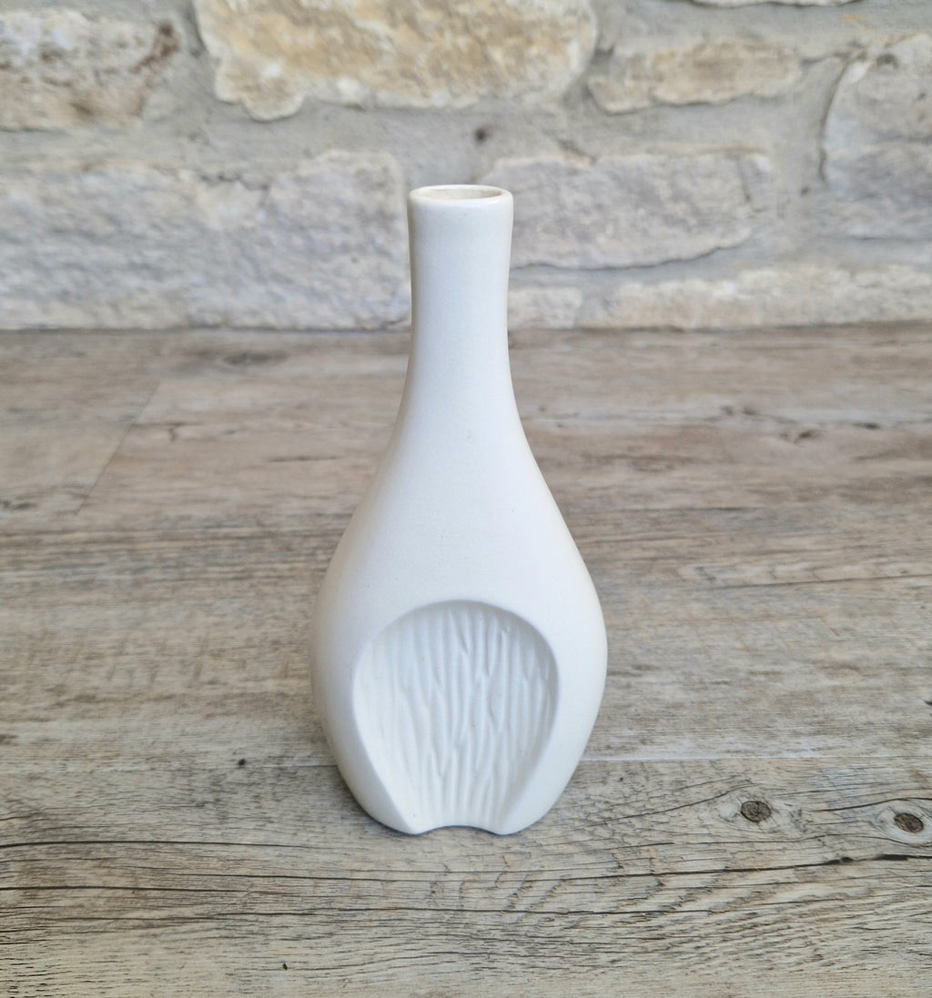 Fulham Pottery White Vase Satin Glaze Textured Cut Away Design Stem Vase Vintage