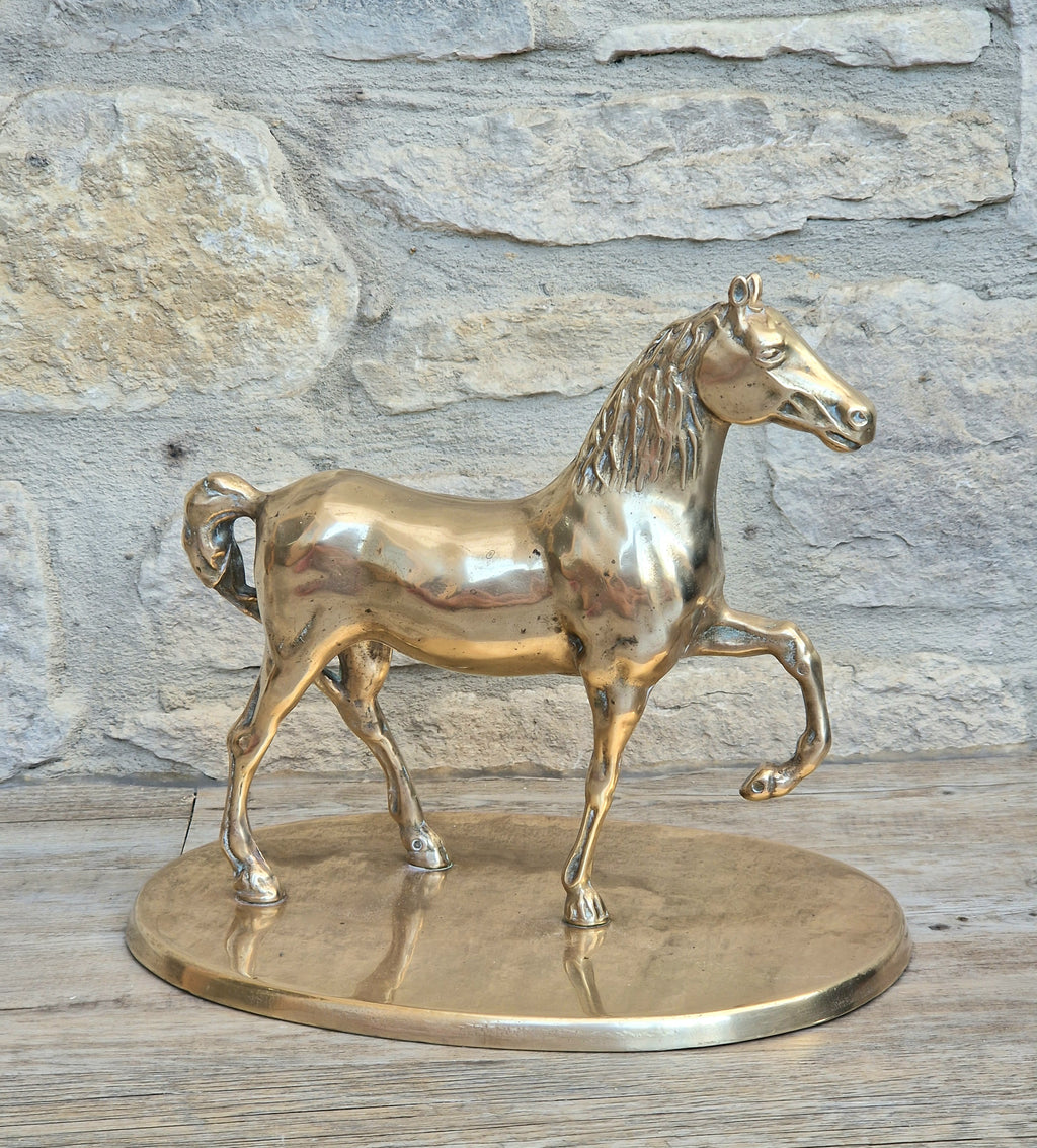 Vintage Solid Brass Horse Statue 22cm Large Heavy Equestrian Trotting Figurine On Base 1.9kg